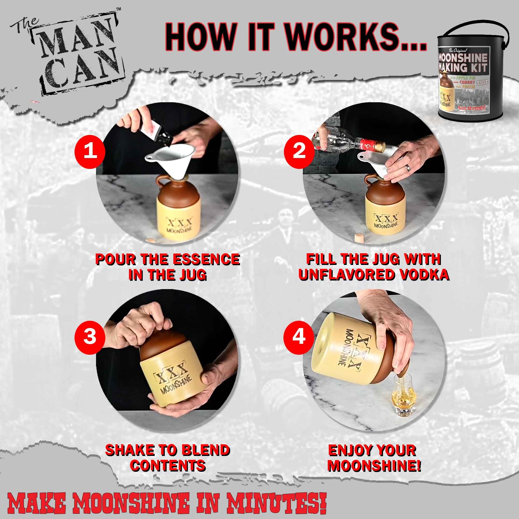 DIY Moonshine Making Kit for Men - Home Distilling Kit with 750ml Glass Jug & Apple Pie, Cherry, Peach Flavorings - Perfect for Homemade Whiskey, Gifts & Craft Cocktails
