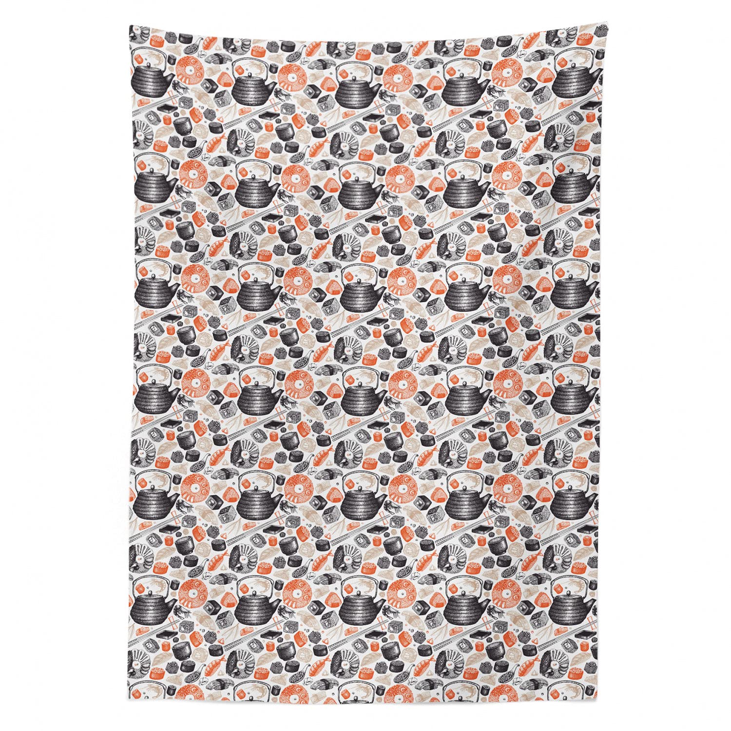 Ambesonne Sushi Themed Tablecloth - Black Salmon Beige Rectangle Satin Dining Table Cover with Shrimp Sushi Rolls & Wasabi Print - 52