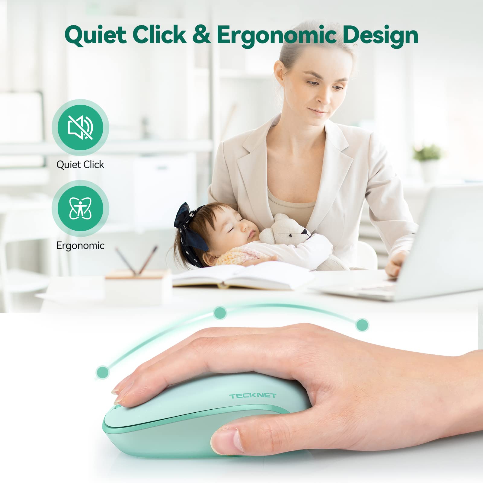 TECKNET 2.4G Wireless Quiet Mouse for Laptop, PC, Mac, Chromebook - 4 Buttons, 800/1200/1600 DPI, USB Receiver, Portable Cordless Design in Mint Green for Office, Home, and Travel Use