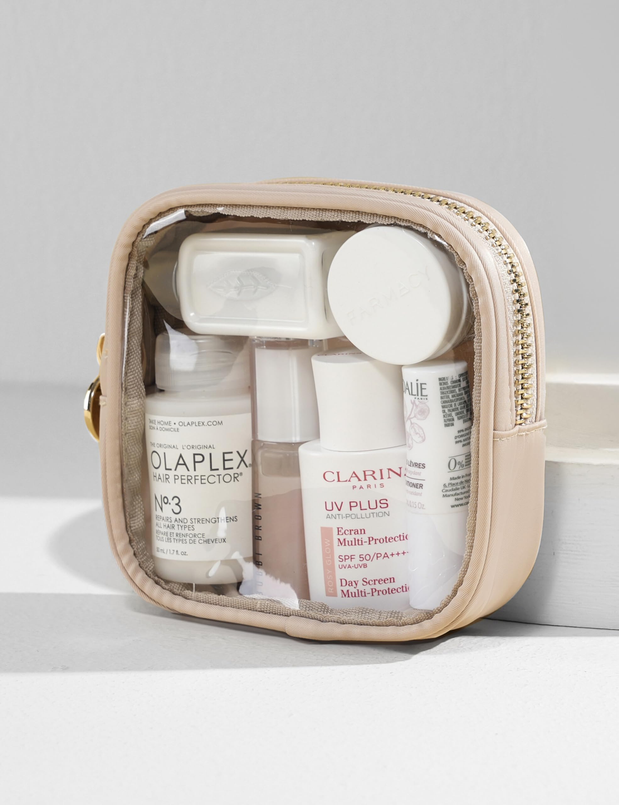 Clear Cosmetic Bag Mini Makeup Pouch - Transparent Travel Toiletry Organizer with Interior Pocket & Carabiner Clip - Small Pink Waterproof Makeup Case for Women (Mini, Sand) | Perfect for Air Travel, Gym Essentials & Daily Beauty Storage