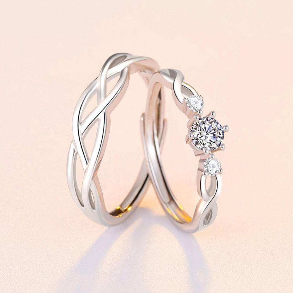 Sterling Silver Adjustable Open Finger Ring for Couples - Simple & Elegant Matching Pair for Men & Women with Imitation Diamond - Perfect Romantic Gift for Anniversaries, Valentine's Day & Weddings