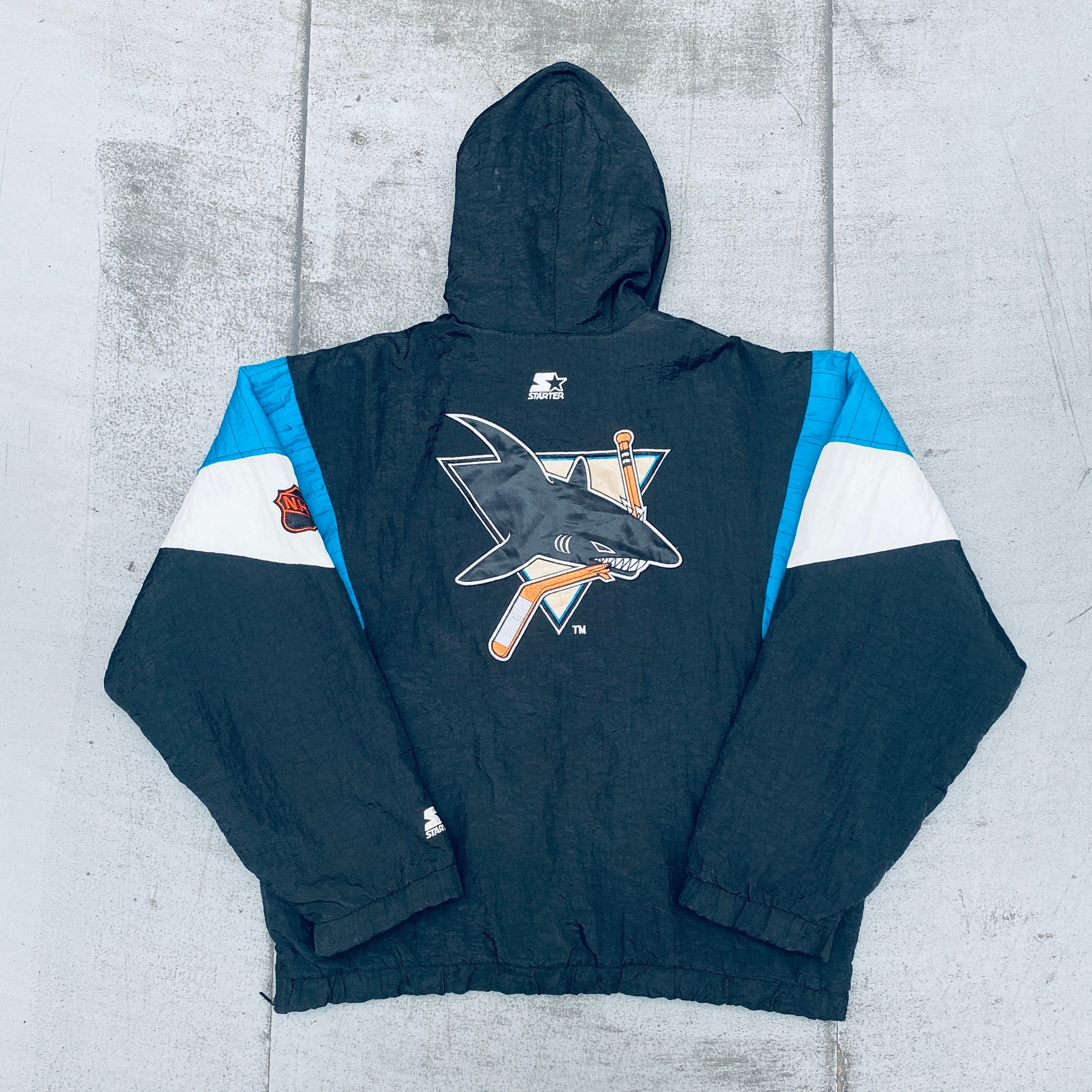 San Jose Sharks 1990s Vintage 1/4 Zip Breakaway Jacket - NHL Hockey Starter Pullover (Large/XL) - Perfect for Game Day, Fan Gear & Retro Sports Fashion