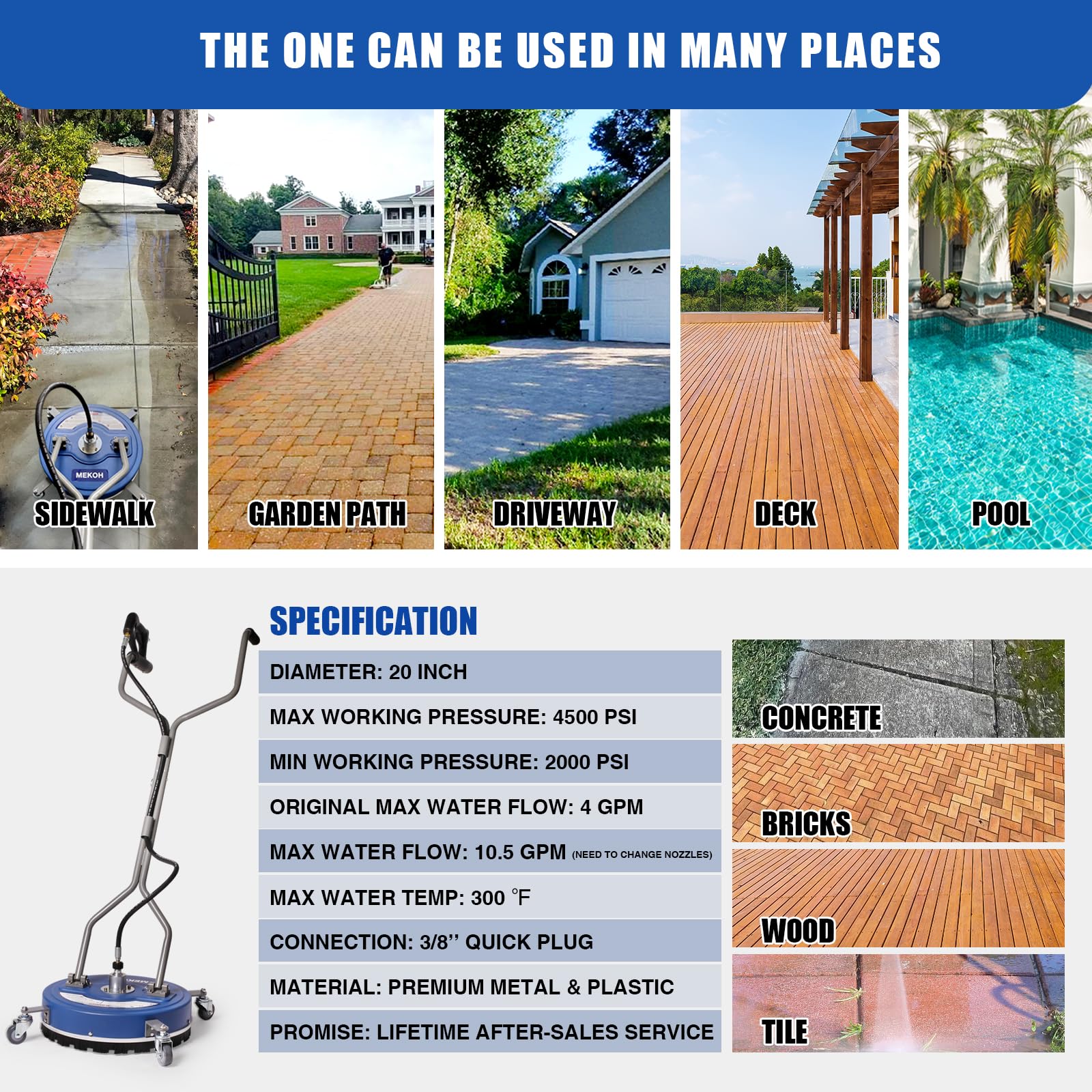 20'' Pressure Washer Surface Cleaner Attachment - 4500PSI Power Washer Accessory with Wheels for Driveway, Sidewalk, Deck & Patio Cleaning - 3/8'' Quick Connect - Ideal for Home Exterior, Concrete & Wood Surface Cleaning