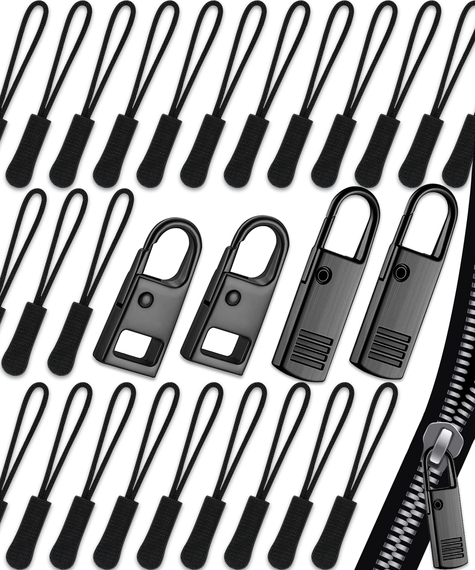 Upgraded Zipper Pull Replacement (24 Pack) - Universal Zipper Tab for Backpacks, Luggage, Jackets, Purses & Boots - Durable Small Zipper Pulls for Clothes & Accessories - Perfect for Travel, Outdoor Gear & Everyday Use (Black)