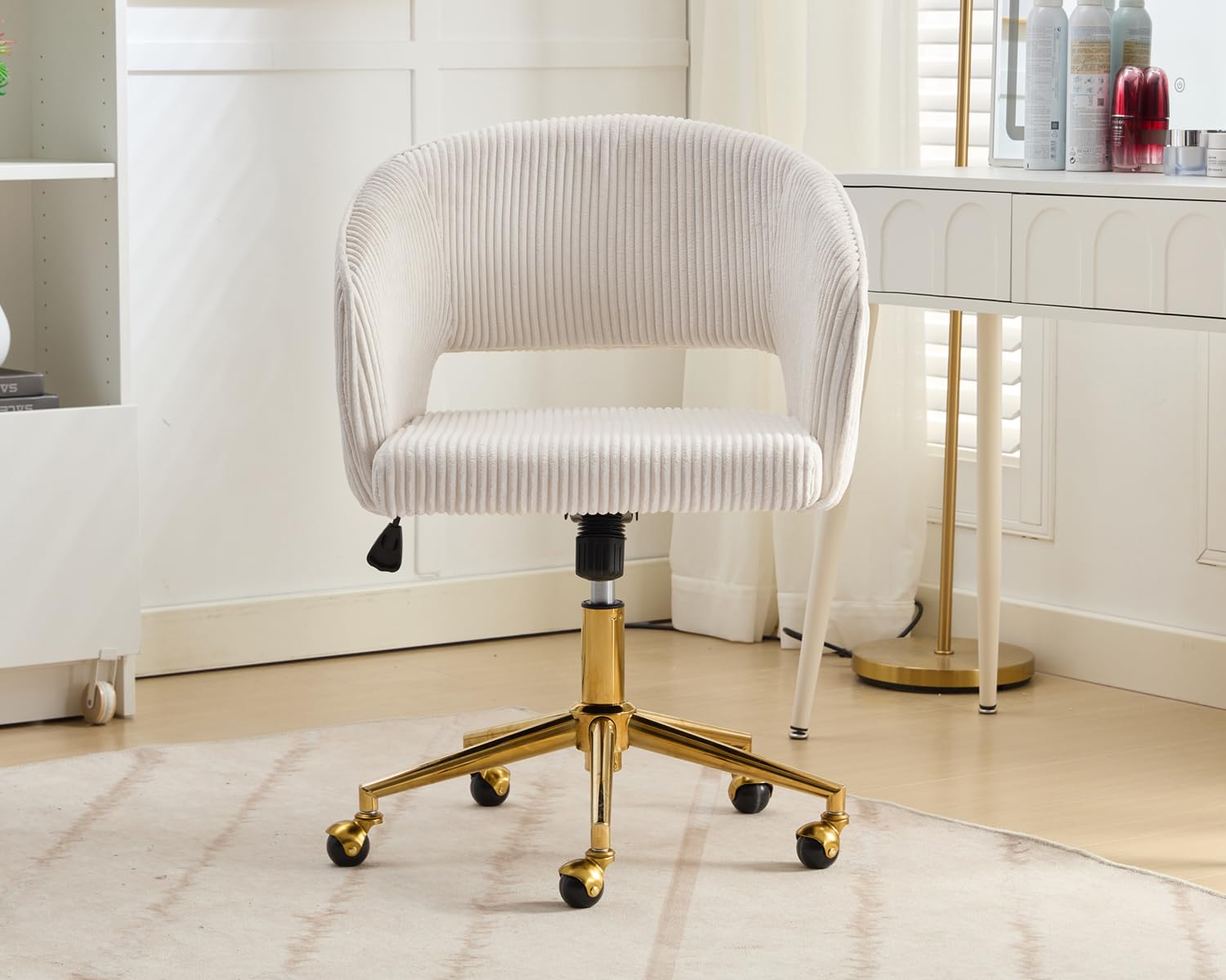 Ergonomic Swivel Office Chair with Corduroy Upholstery & Gold Base - Modern Tufted Desk Chair for Women, Girls, Home & Study - Comfortable Computer Task Stool for Living Room, Bedroom & Home Office (Beige)