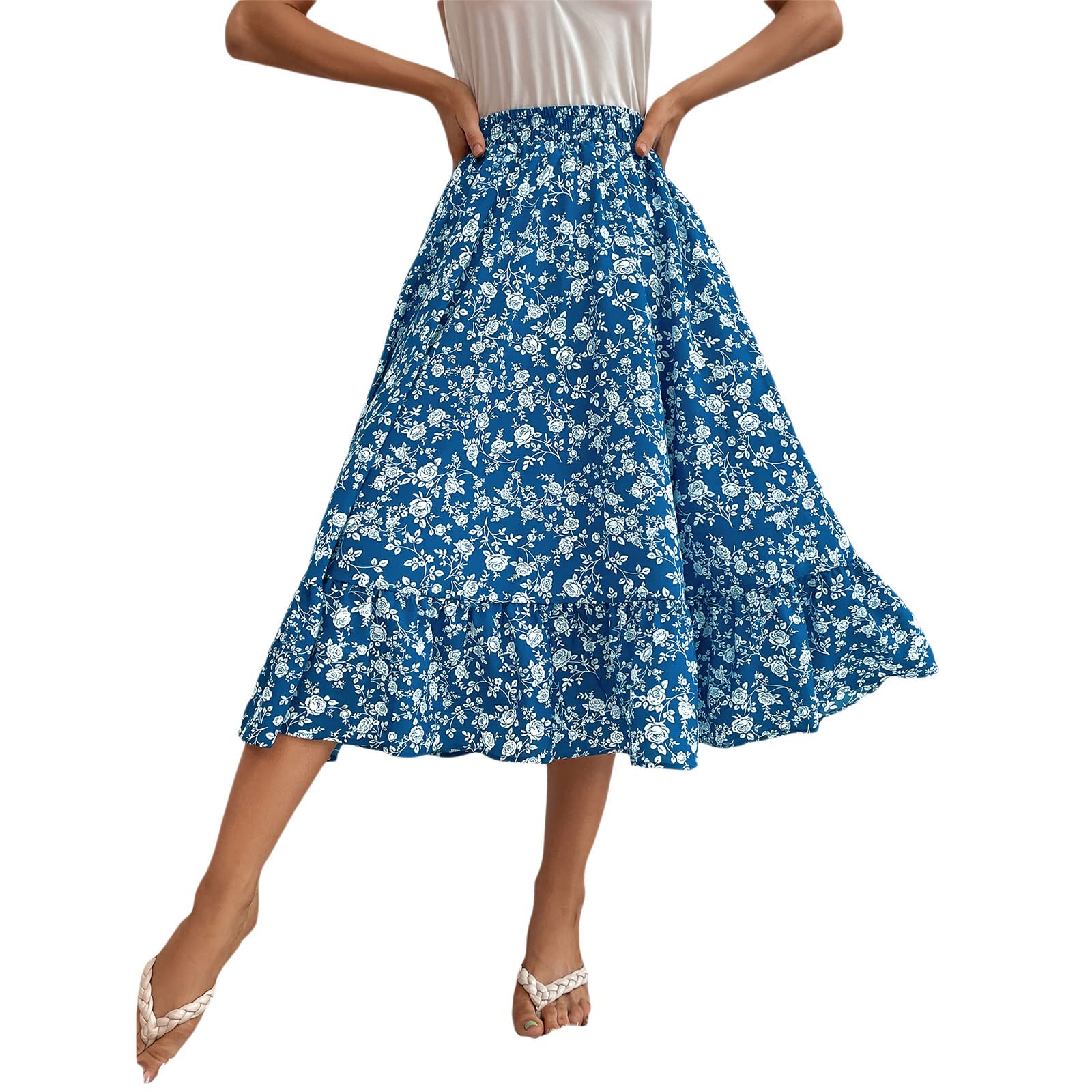 Vintage Floral Print A-Line Skirt for Women - Elastic Waist, Ruffled Hem, Casual Long Skirt - Perfect for Boho Outfits, Summer Dresses & Retro Fashion