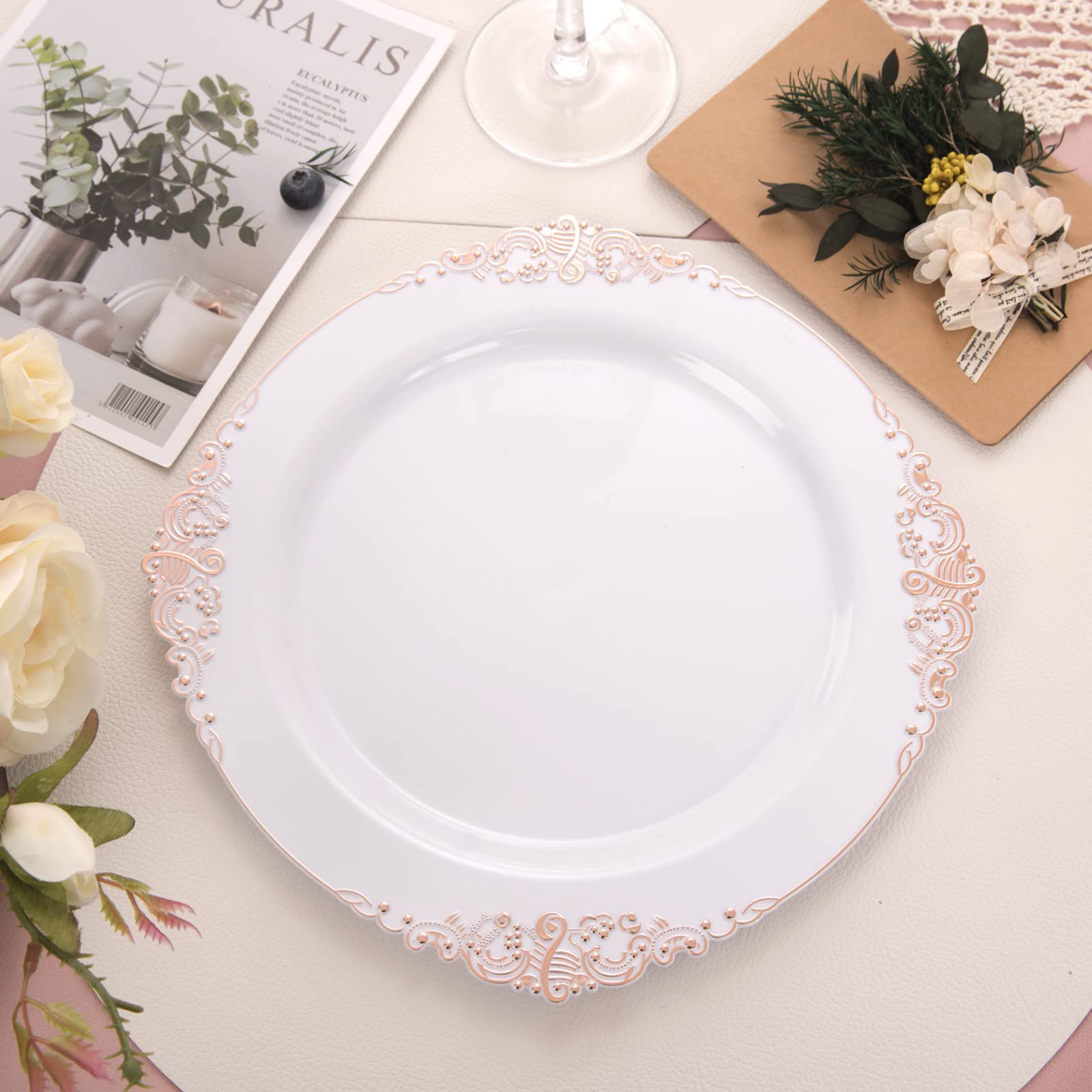 100-Pack Rose Gold Plastic Plates - 10.25 Inch Disposable Dinner Plates with Elegant Rose Gold Rim for Weddings, Parties, Baby Showers & Special Events - Perfect for Catering, Buffets & Outdoor Gatherings