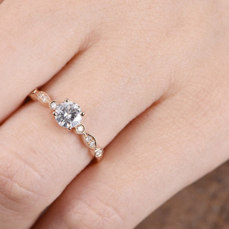 5mm Round Moissanite Marquise Diamond Engagement Ring - 14k/18k Rose Gold Wedding Band for Women - Classic 4 Prong Setting, Perfect for Proposals, Anniversaries & Bridal Jewelry