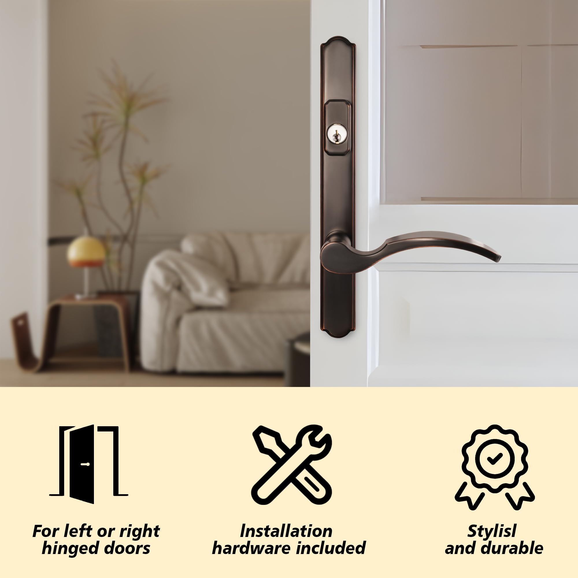 Universal Hinged Patio Door Handle System with Lever Handle & Mortise Lock Set - Left/Right Entry Door Handles (Oil Rubbed Bronze) - Perfect for Sliding Glass Doors, French Doors & Home Security