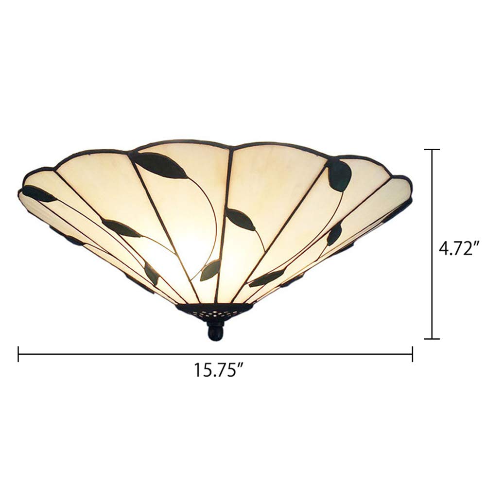 LITFAD 16-Inch Tiffany Style Flush Mount Ceiling Light - White Leaf-Themed Glass Lampshade for Bedroom, Living Room & Dining Room Lighting