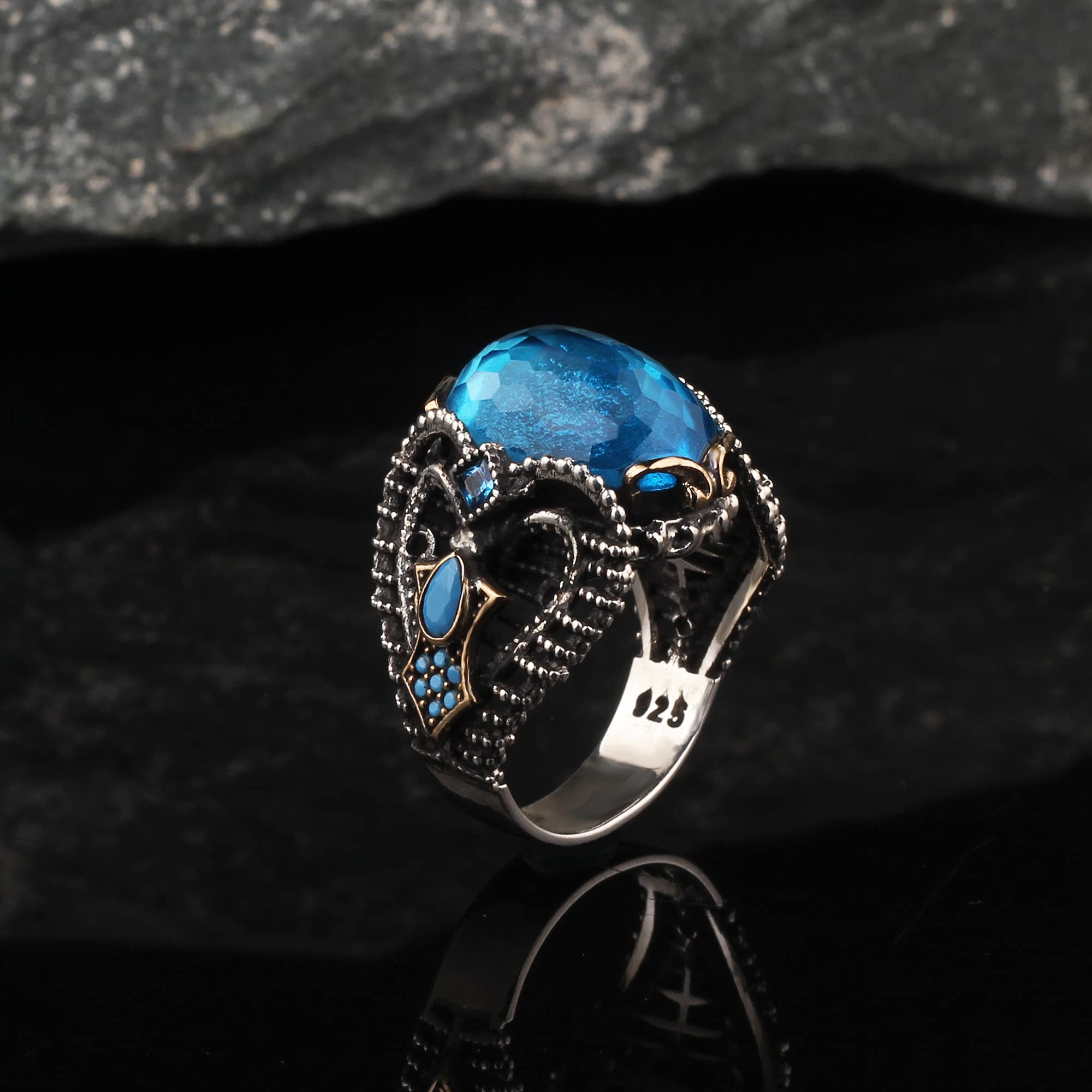 925 Sterling Silver Men's Ring with Blue Topaz Gemstone - Handmade Engraved Turkish Silver Jewelry for Men - Perfect Valentine's Day Gift, Anniversary Present & Everyday Wear Accessory