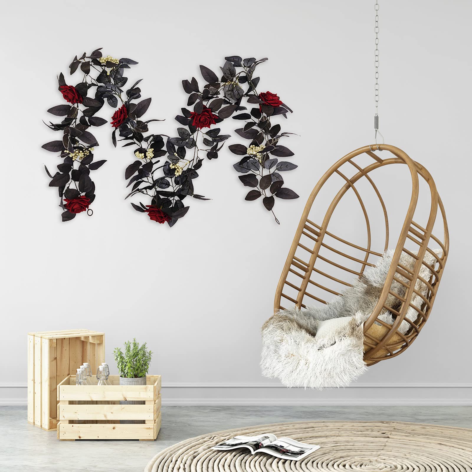 180cm Artificial Black Rose Vine with Berries - Halloween Hanging Flower Garland for Table Centerpiece, Fireplace Decor, Door Frame Backdrop - Perfect for Gothic Weddings, Spooky Party Decorations & Home Halloween Displays