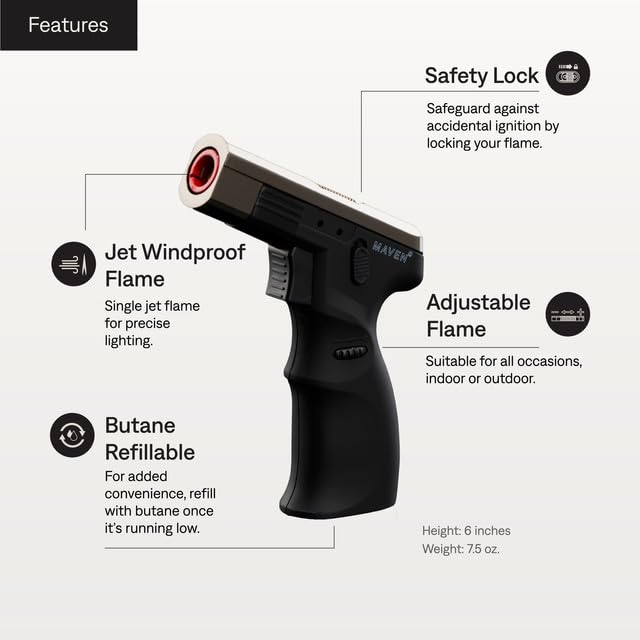 Maven Model K Refillable Butane Torch Lighter - Single Jet Windproof Adjustable Flame with Safety Lock for Cigars, Cooking, Soldering & Outdoor Use (Gunmetal, Butane Not Included)