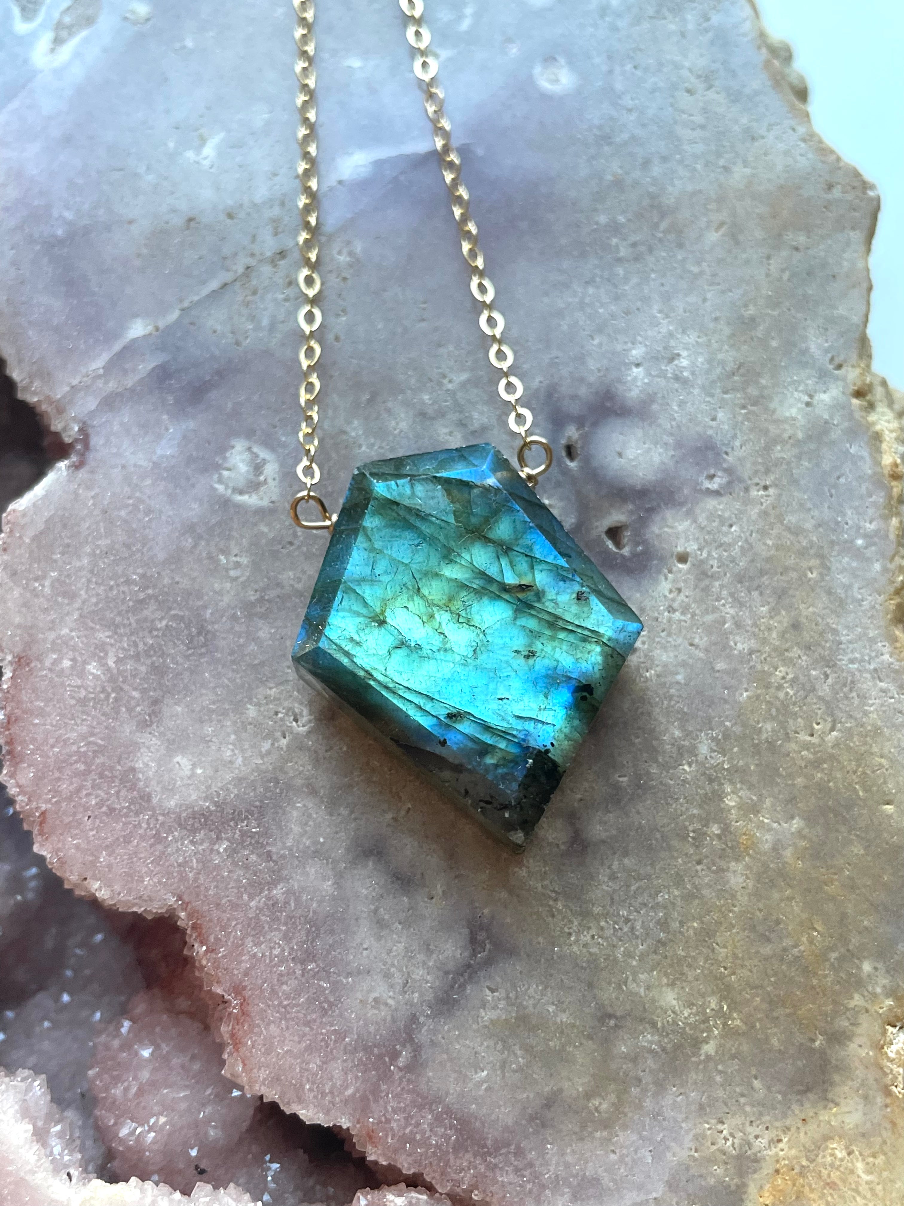 Large Labradorite Shield Necklace in Gold Fill - Elegant Crystal Jewelry for Women, Perfect for Boho Style & Spiritual Healing