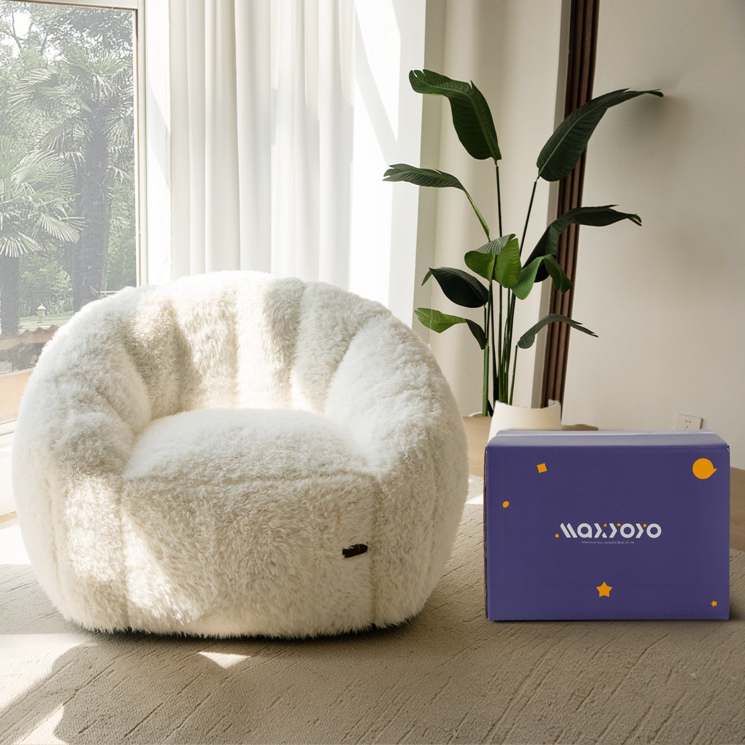 MAXYOYO Giant Bean Bag Chair - Fluffy Shaggy Floor Sofa with Shell Design, White - Perfect for Living Room, Bedroom, Dorm & Game Room Comfortable Seating