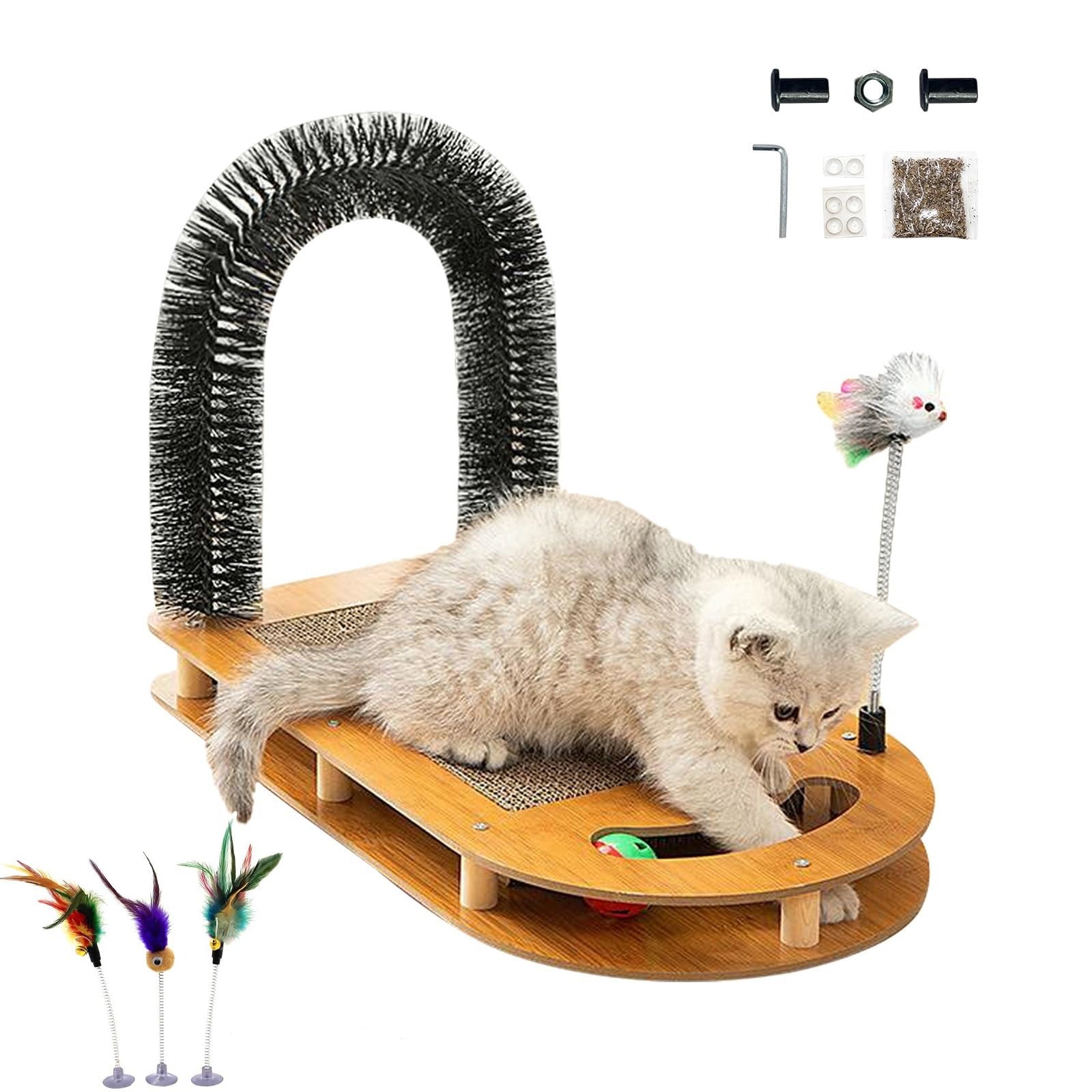 Eco-Friendly U-Shaped Cat Scratching Board with Cat Arch Self Groomer & Kitty Ball Toys - Durable Cardboard Scratcher for Indoor Cats, Stable Non-Slip Kitten Pad - Perfect for Playtime, Grooming & Protecting Furniture