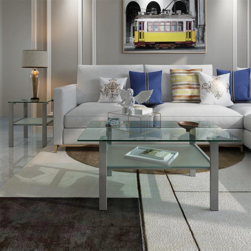 KeKe Glass Coffee Table - Modern Transparent Gray Rectangular Coffee Table with Storage Rack, Sturdy & Durable Tempered Glass for Living Room, Office, Lounge - Perfect for Small Spaces & Contemporary Decor