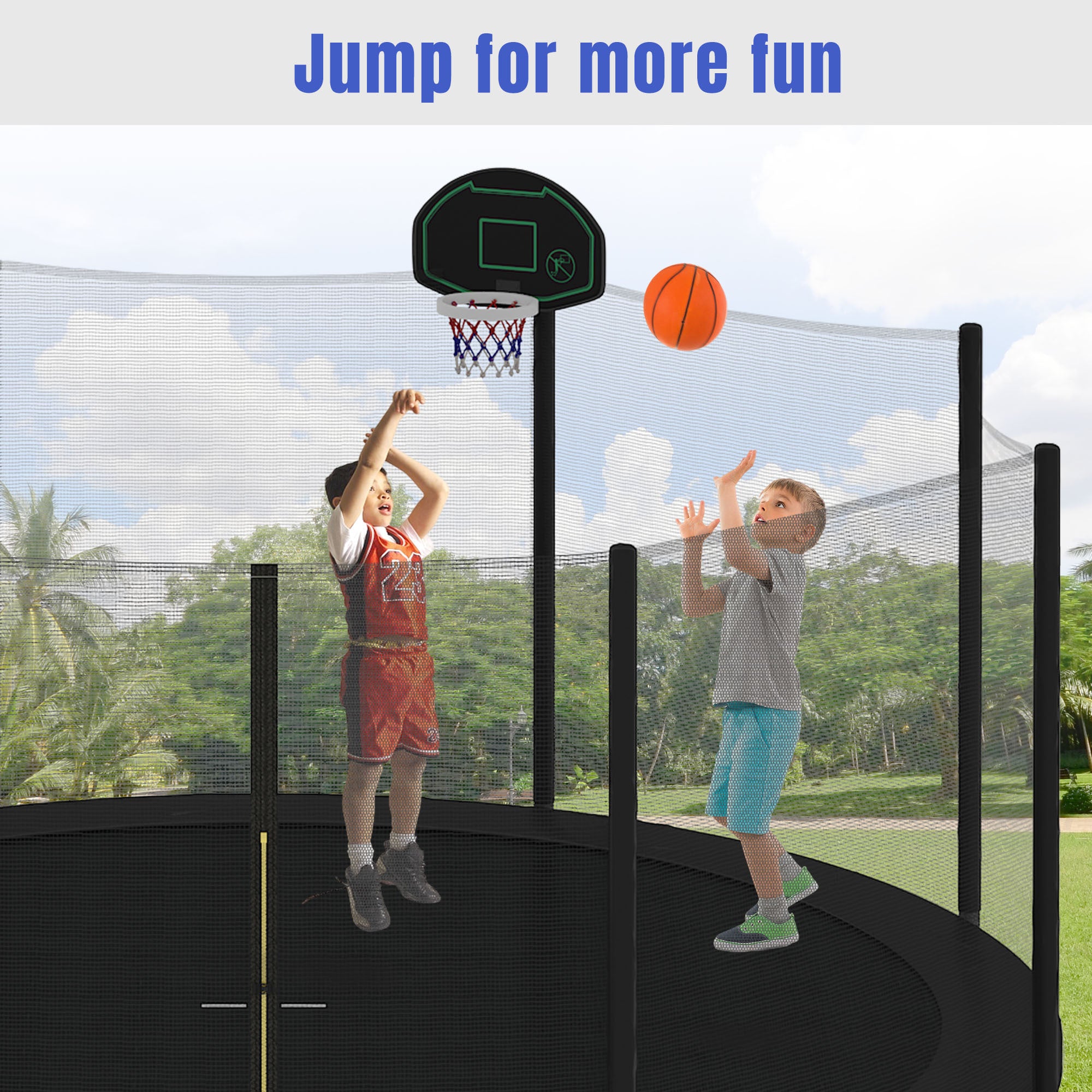 14FT Kids Trampoline with Safety Enclosure Net, Basketball Hoop & Ladder - Easy Assembly Outdoor Round Trampoline for Backyard Fun & Exercise