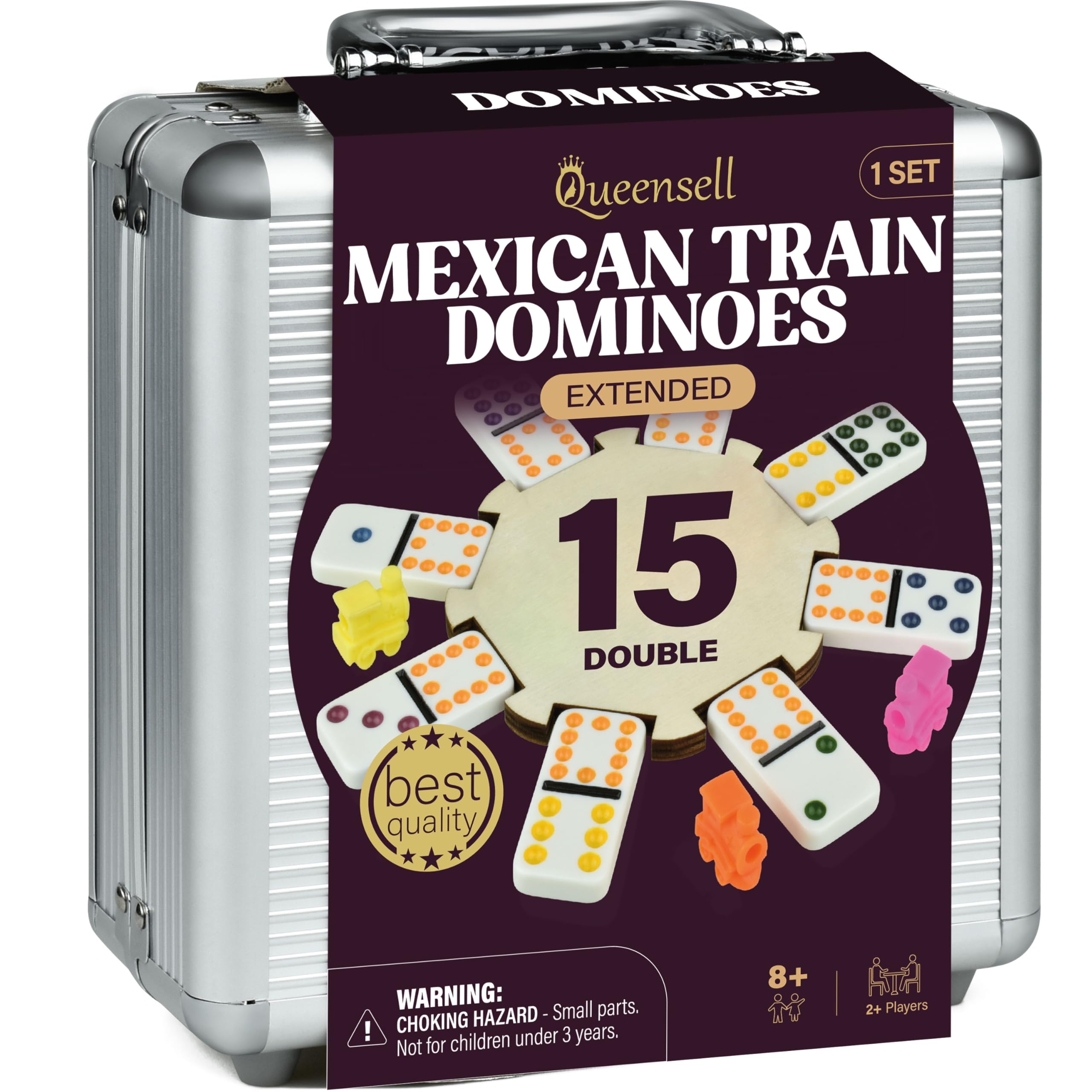 Queensell Mexican Train Dominoes Set Double 15 - 136 Color Dot Tiles with 9 Trains & Wooden Hub in Aluminum Case - Family Board Game for Adults & Kids | Perfect for Game Nights, Parties & Travel