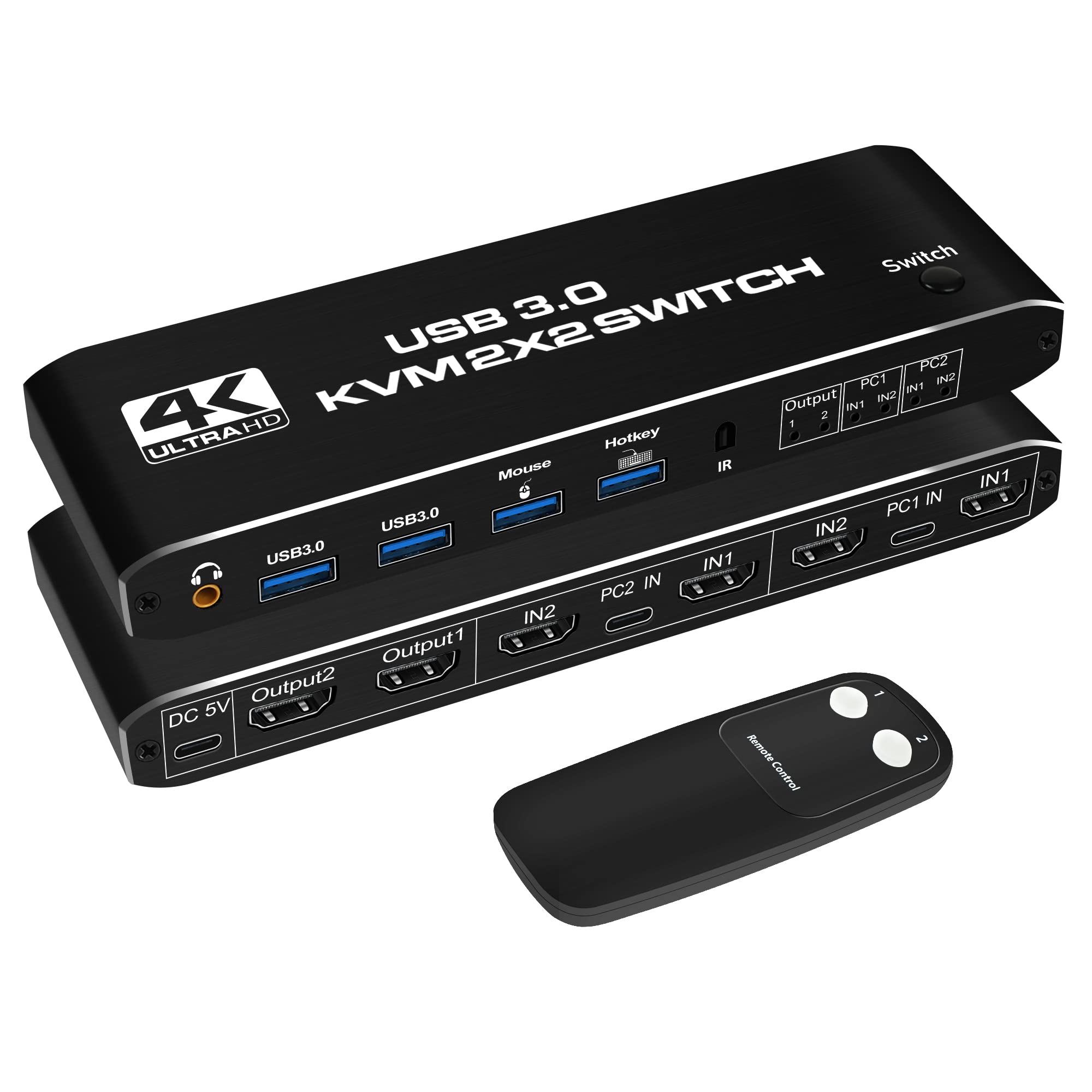 NEWCARE 4K@60Hz HDMI KVM Switch for 2 Monitors & 2 Computers - USB 3.0 Hub, UHD Support, Audio & Hotkey Switching - Perfect for Home Office, Gaming & Multi-Task Workspaces