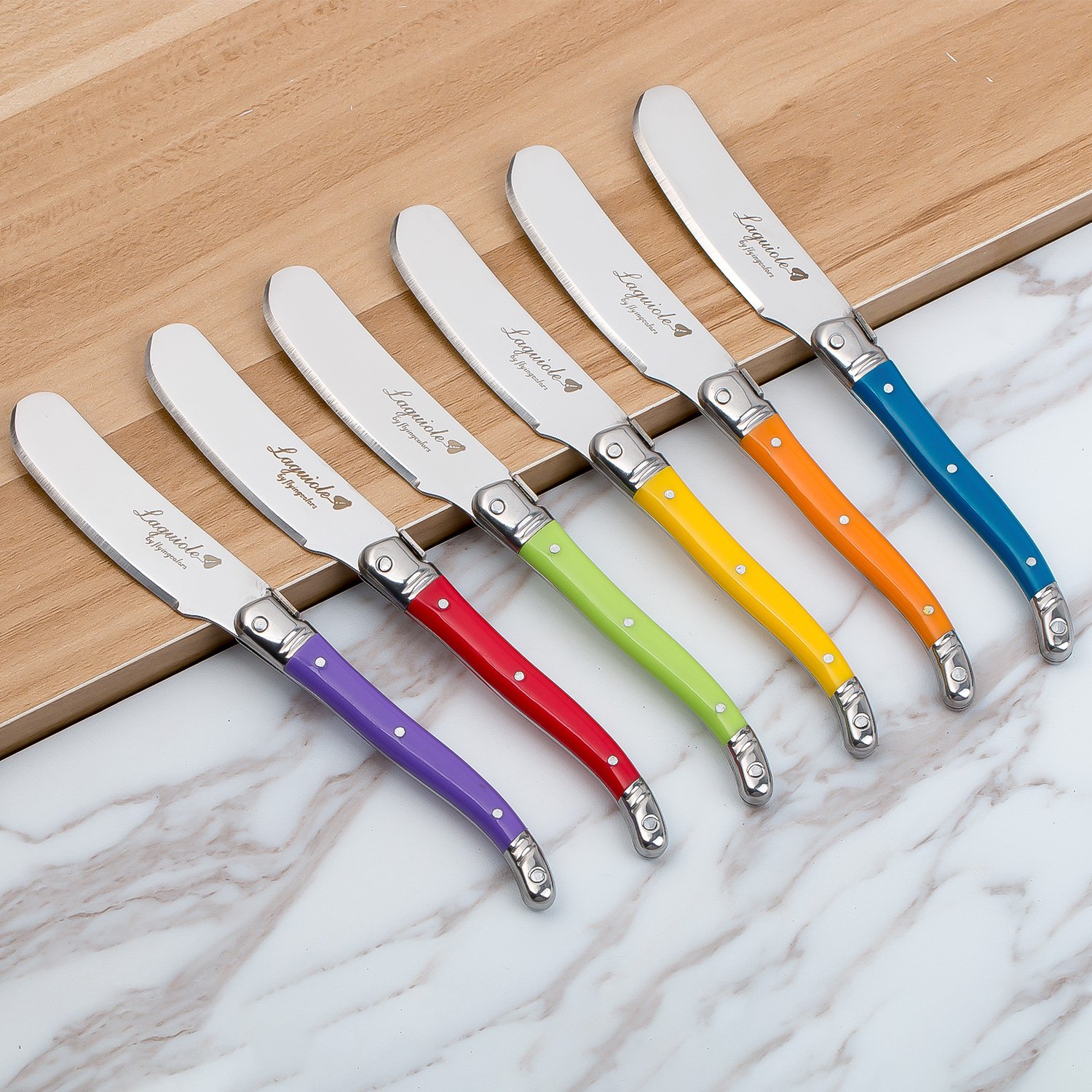 Premium Laguiole Cheese Knife Set - 6-Piece Stainless Steel Butter Spreaders with Colorful Handles - Perfect for Cheese Boards, Charcuterie, and Gourmet Entertaining
