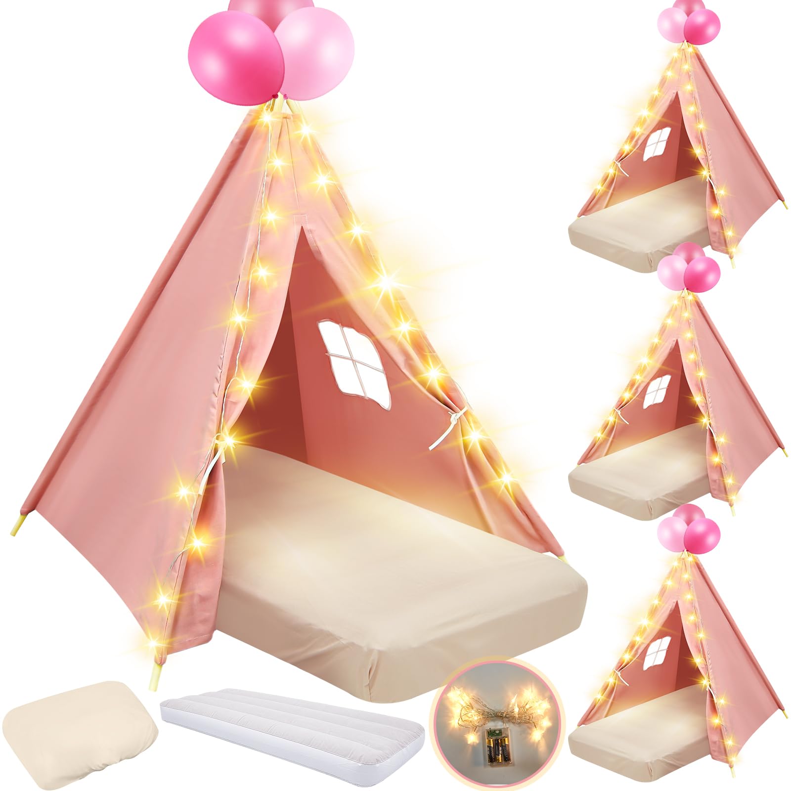 4 Pack Kids Teepee Tent for Sleepovers - Includes Mattress, Fitted Sheet & Fairy Lights | Washable Cotton Play Tent for Girls Birthday Parties, Movie Nights & Indoor Camping (Pink) - Perfect for Sleepovers, Playdates & Imaginative Play