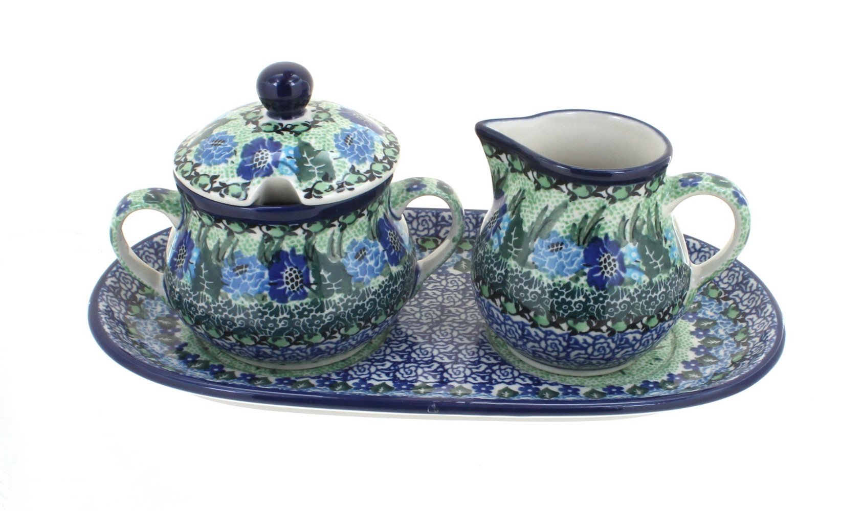 Blue Rose Polish Pottery Sapphire Fields Cream and Sugar Set with Tray - Elegant Tea Time Accessories for Coffee, Tea, and Dessert Serving