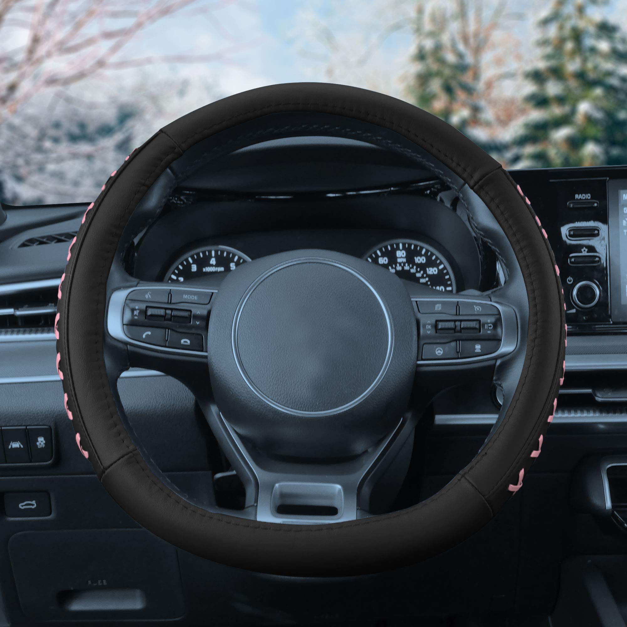TLH Universal 15 Inch Pink Genuine Leather Steering Wheel Cover with Lace-Up Design - Non-Slip Grip for Cars, Trucks & SUVs - Perfect for Women Drivers & Gift Giving