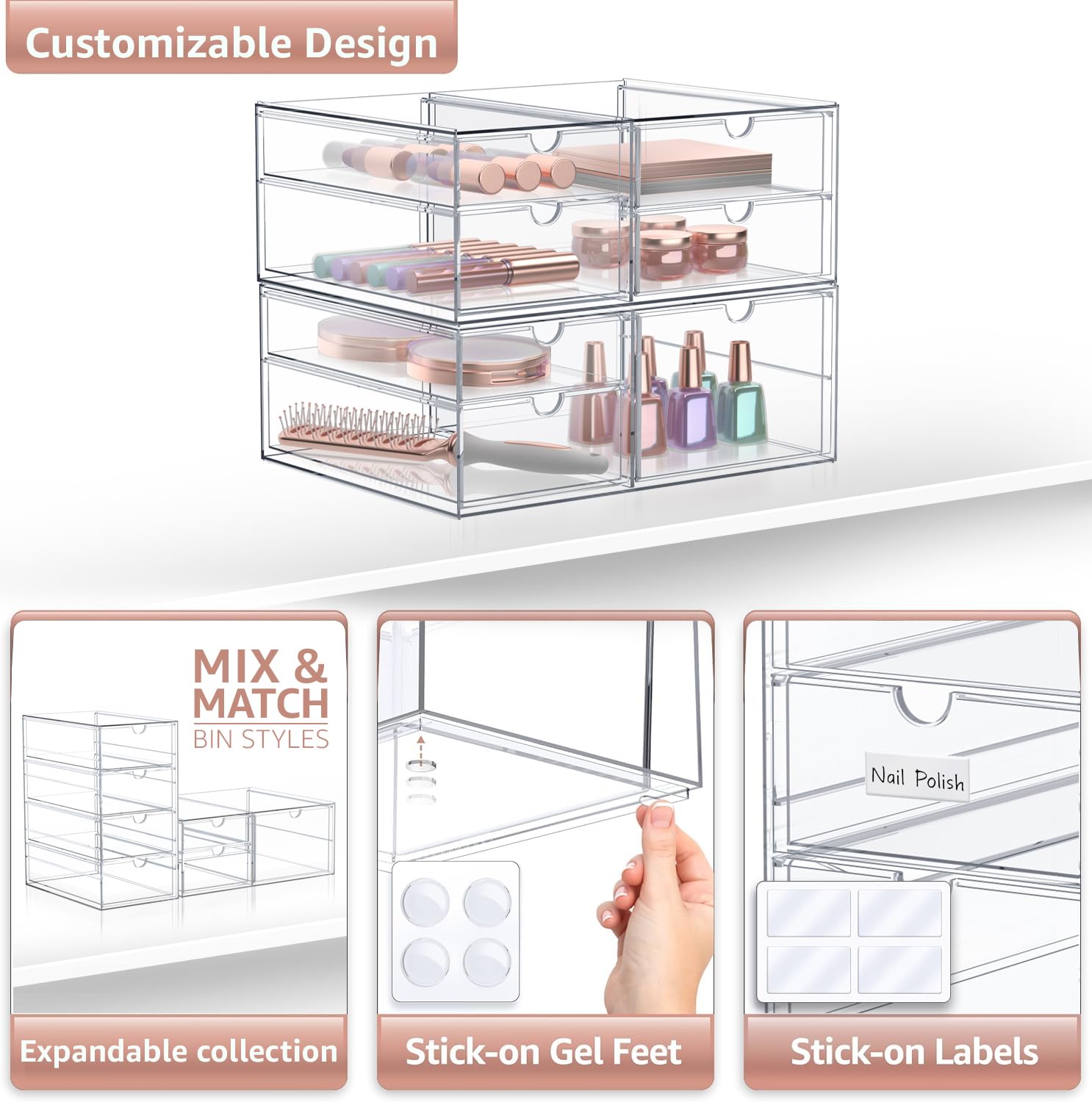 Sorbus 7-Drawer Acrylic Makeup Organizer - Stackable Clear Storage Bins for Cosmetics, Office Supplies, Jewelry & Stationery (2-Piece Set) - Perfect for Vanity, Bathroom & Closet Organization