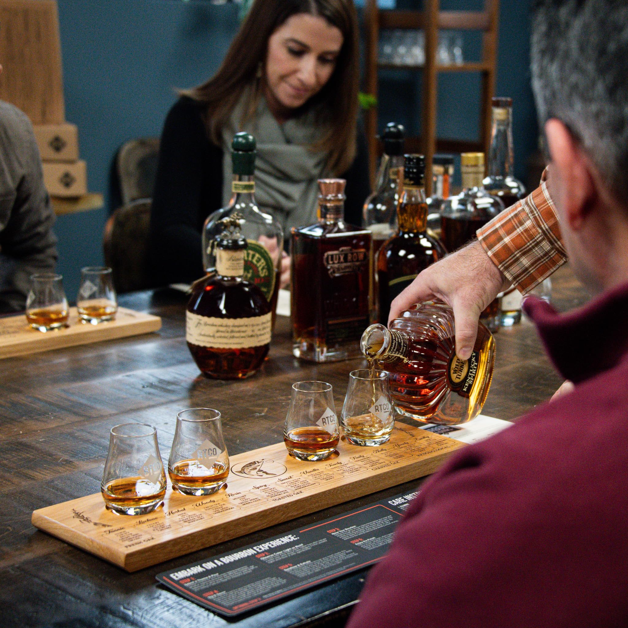 Custom Bourbon Tasting Set with Engraved Wood Flight Board & 4 Glasses - Perfect for Whiskey, Scotch & Bourbon Tasting - Ideal Gift for Men - Engraved Tasting Notes Included - Great for Home Bars, Man Caves & Whiskey Enthusiasts