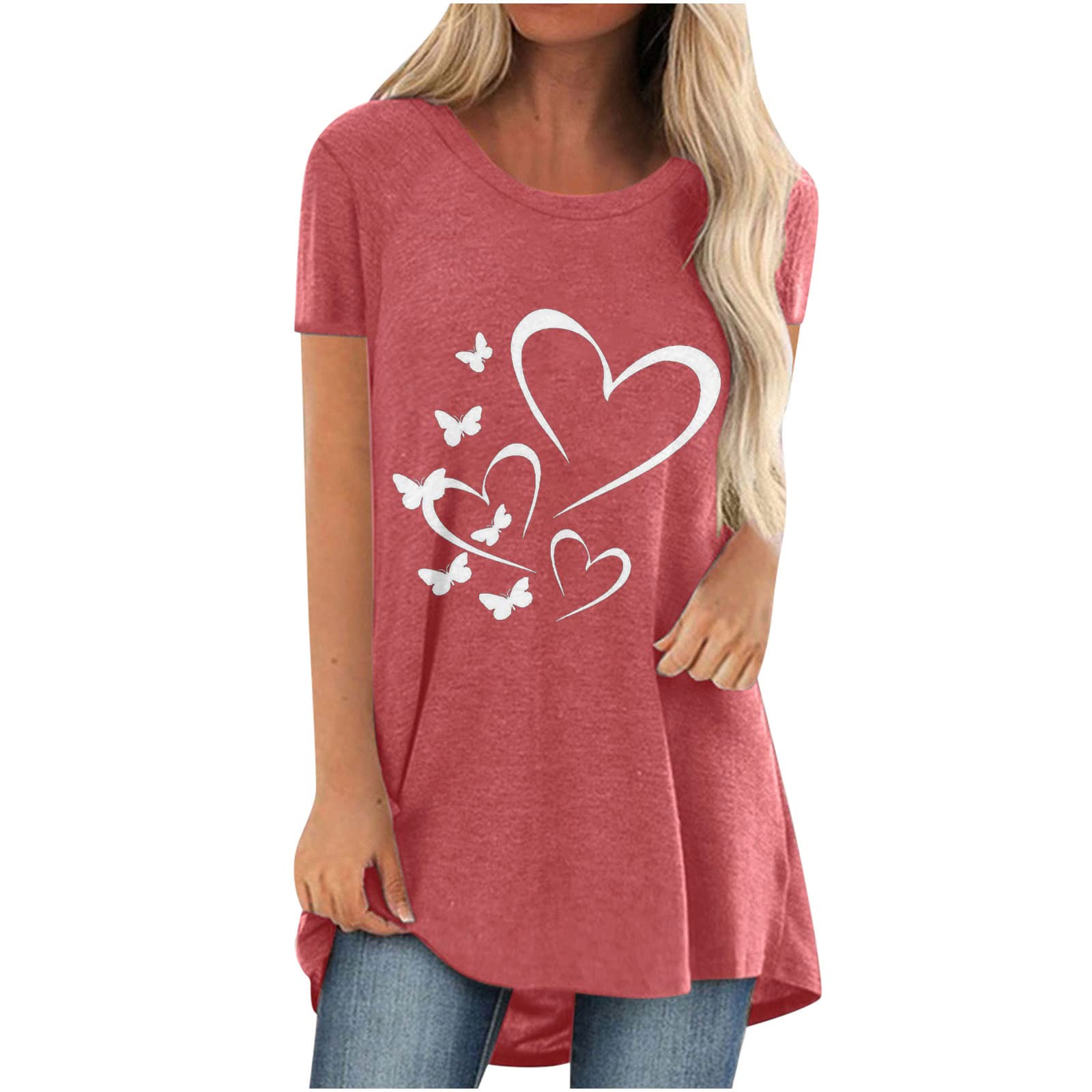 Women's Fashion Blouse - Crew Neck Short Sleeve Loose Tunic Top with Heart & Butterfly Print | Casual & Dressy Wear for Work, Date Night & Everyday Outfits