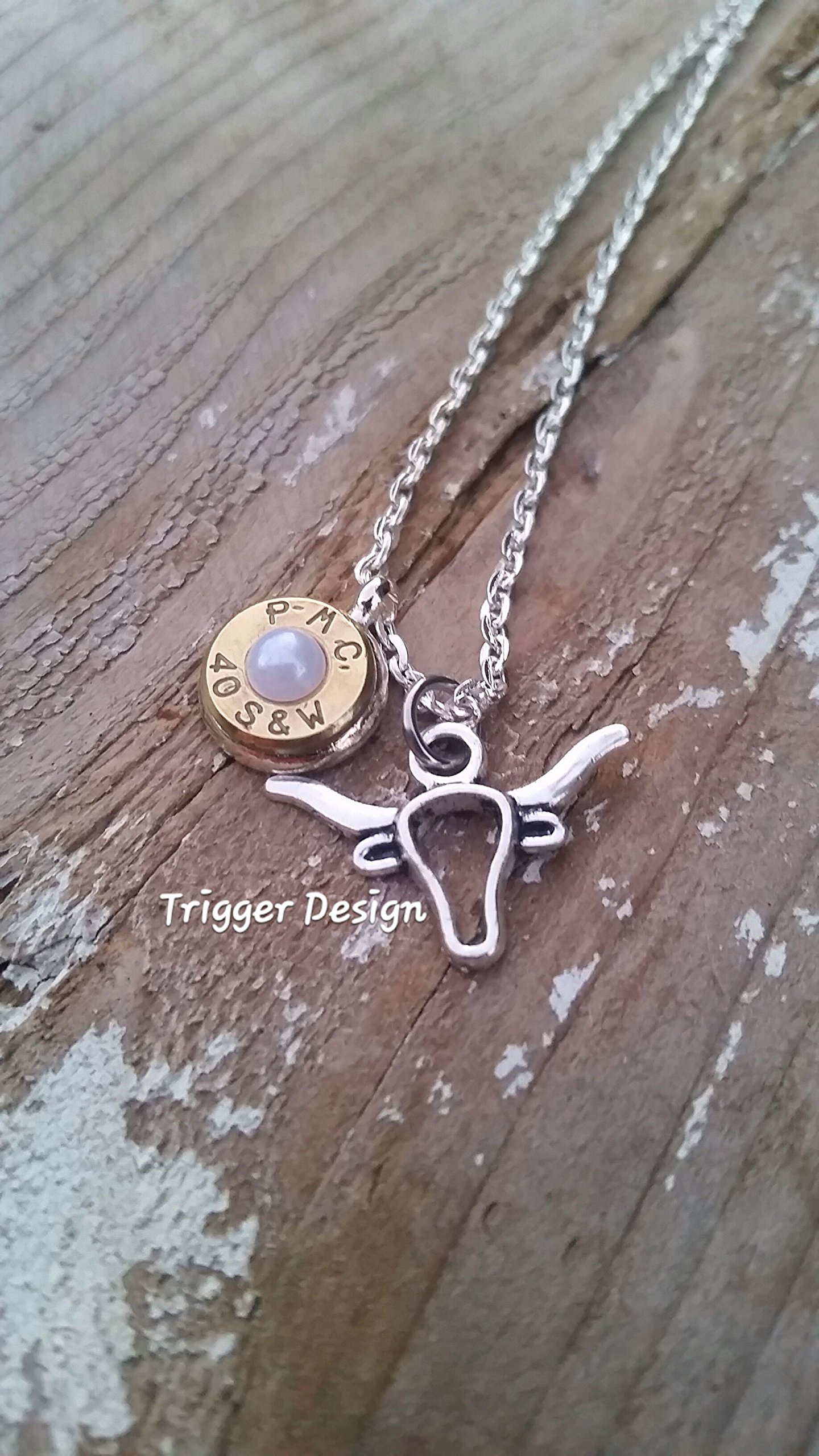 40 Caliber White Pearl Bullet Necklace with Longhorn Bull Charm - Western Cowgirl Jewelry for Women, Unique Texas Style Gift for Her, Perfect for Rodeo, Country Concerts & Biker Fashion