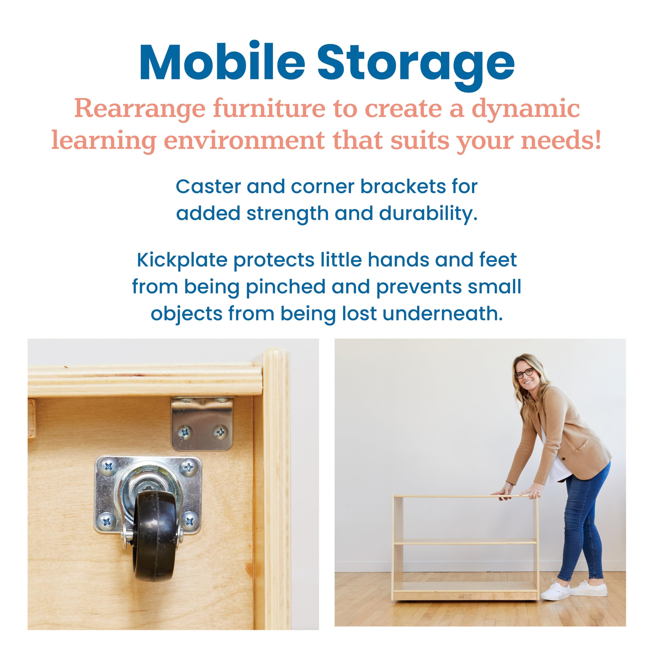 ECR4Kids 2-Shelf Rolling Storage Cabinet - Natural Wood Mobile Island Organizer for Classroom, Playroom & Home School Furniture - Perfect for Books, Toys & Learning Supplies Storage