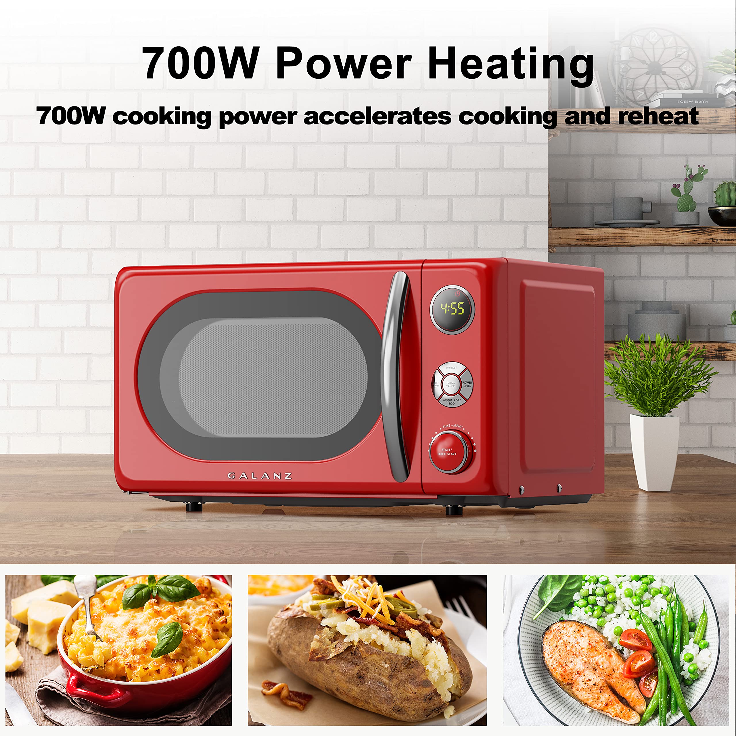 Galanz GLCMKA07RDR-07 0.7 Cu.Ft Compact Microwave Oven with LED Lighting, Pull Handle & Child Lock - Retro Red Design for Small Kitchens, Dorms & Office Break Rooms