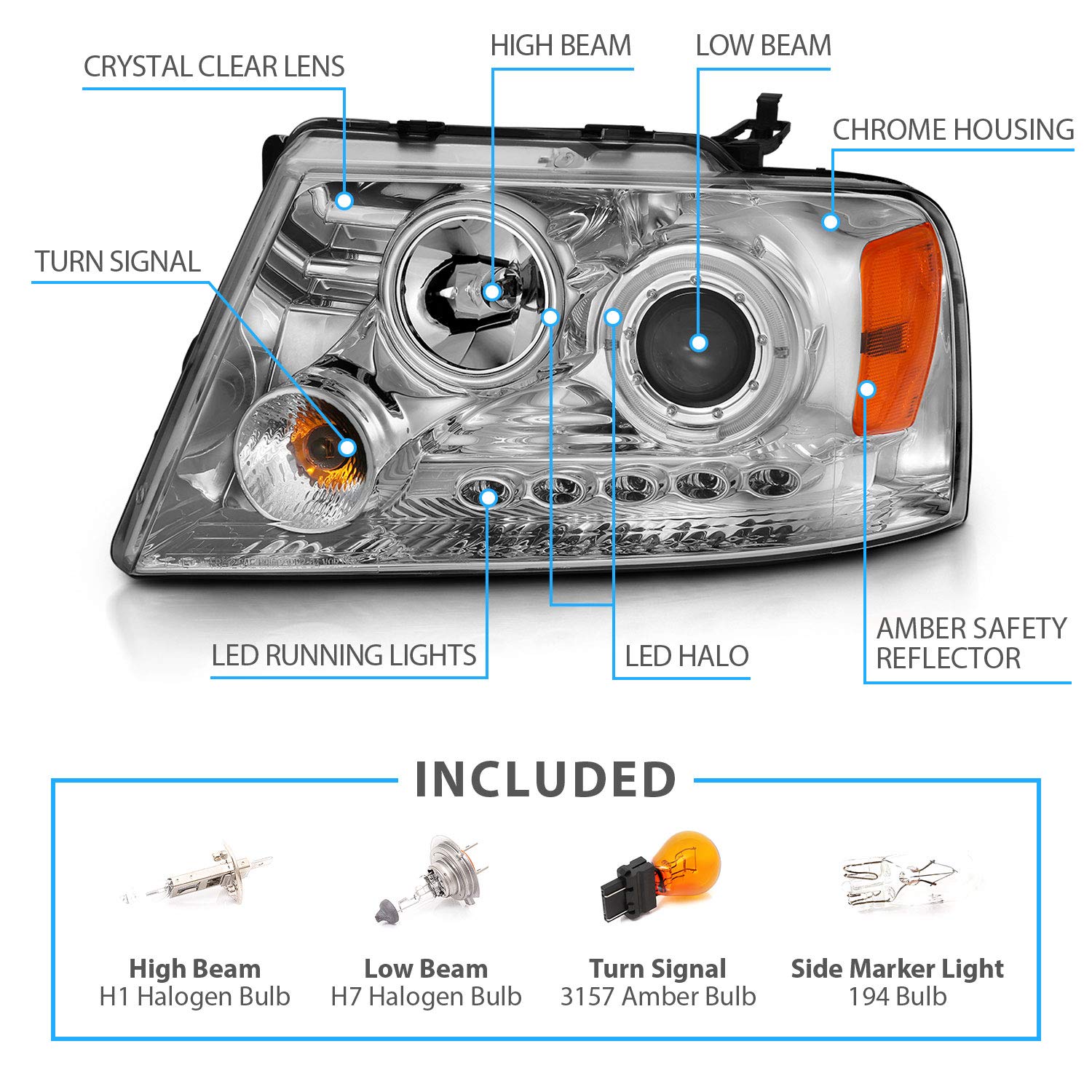 High-Performance AmeriLite Chrome LED Halo Projector Headlights for Ford F-150 - Driver & Passenger Side | Enhanced Night Visibility & Style Upgrade for Trucks