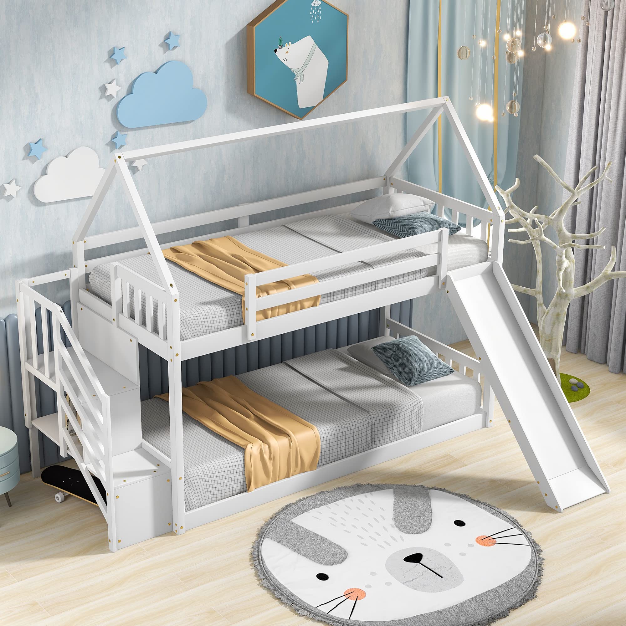**Twin Over Twin Wooden Bunk Bed with Slide, Stairs, Guardrail & Storage Shelf - Kids Bunk Bed for Boys & Girls - Perfect for Bedrooms, Playrooms & Sleepovers (White)**