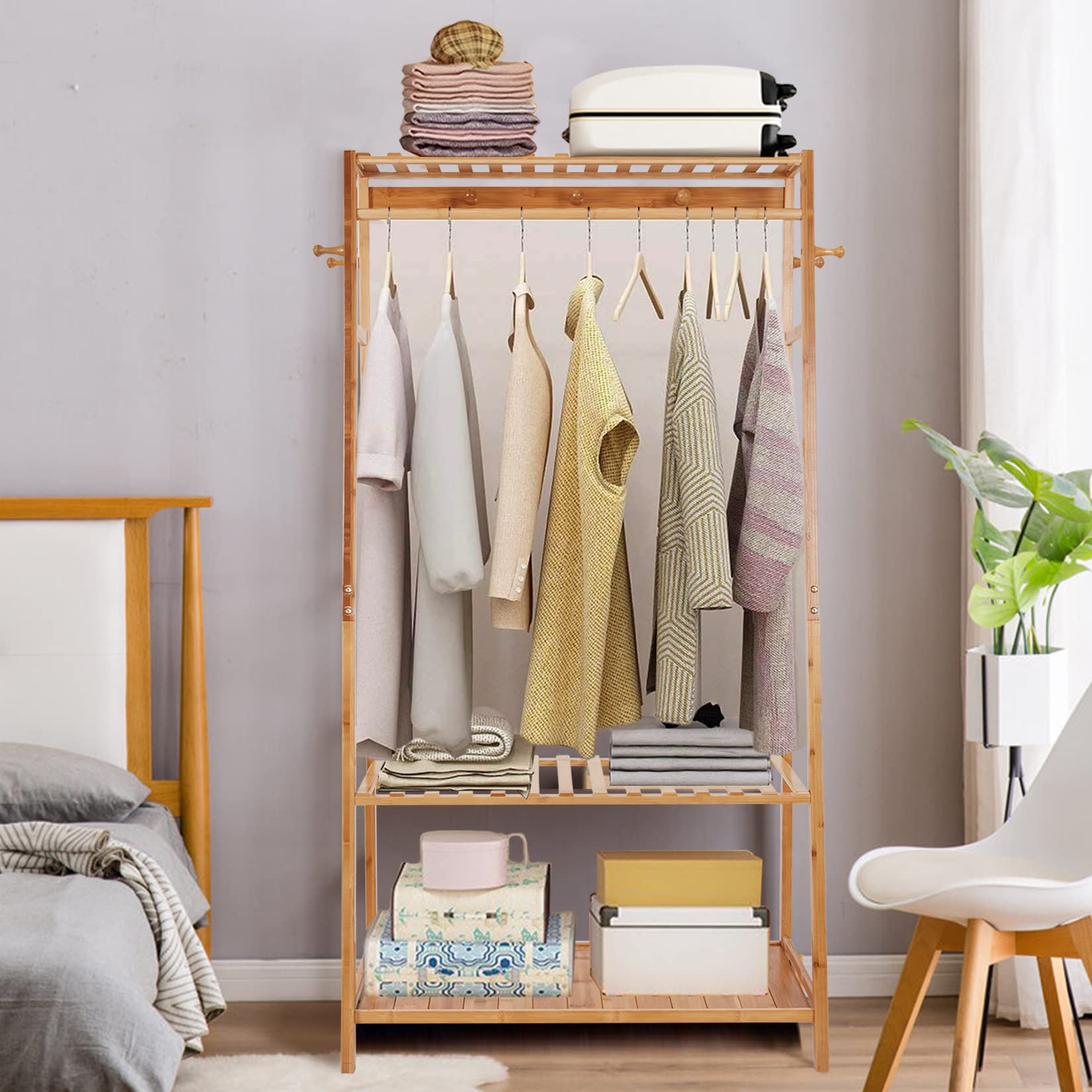 Wooden Floor Standing Clothes Rack - Open Wardrobe Bamboo Coat Hanger with Shoe Rack, Multifunctional Bedroom Clothing Organizer for Jackets, Dresses & Accessories - Perfect for Small Spaces, Dorm Rooms & Closet Organization
