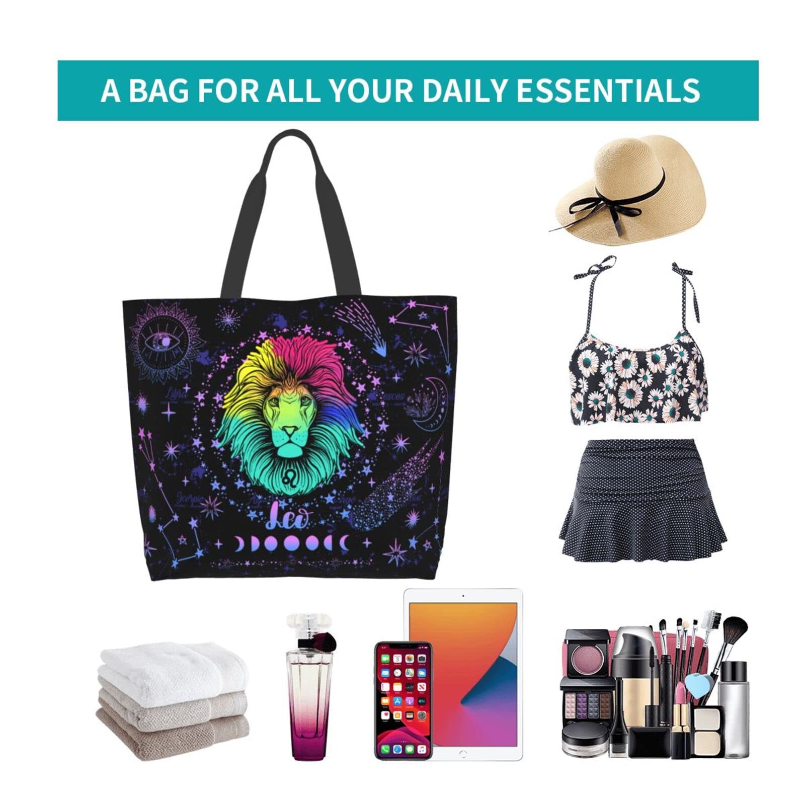 JASUTOT Large Canvas Constellation Tote Bag - Zodiac Sign Astrology Gym Beach Bag for Women, Durable Weekender Travel Shopping Tote with Handles | Perfect for Beach Trips, Gym Workouts & Daily Errands