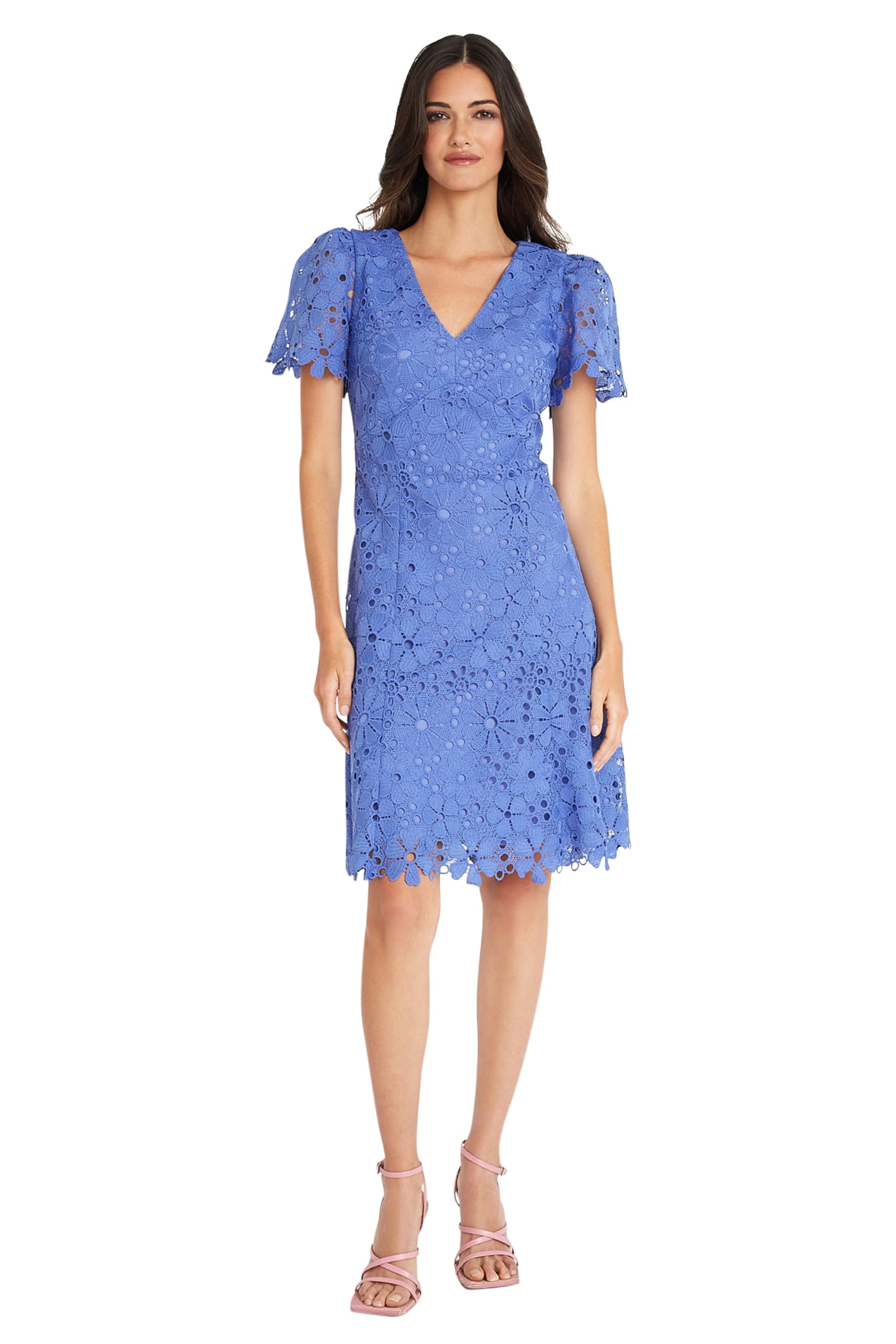 Maggy London Women's Floral V-Neck Short Sleeve Knee Length Dress - Perfect for Wedding Guest, Cocktail Party & Summer Occasions