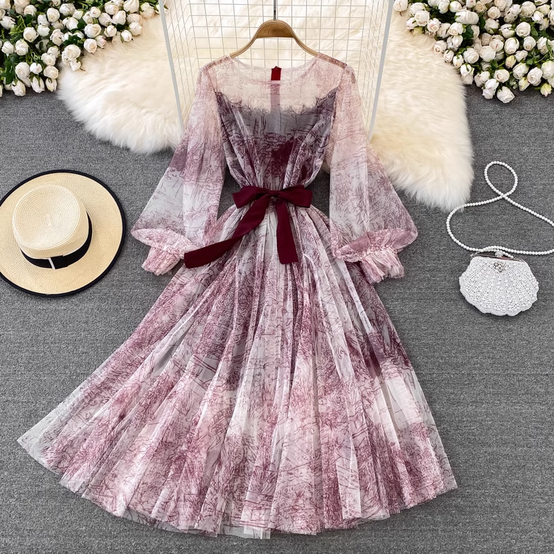Fairy Ink Retro Round Neck Mesh Elegant Floral Summer Dress for Women - Perfect for Parties, Weddings & Date Nights