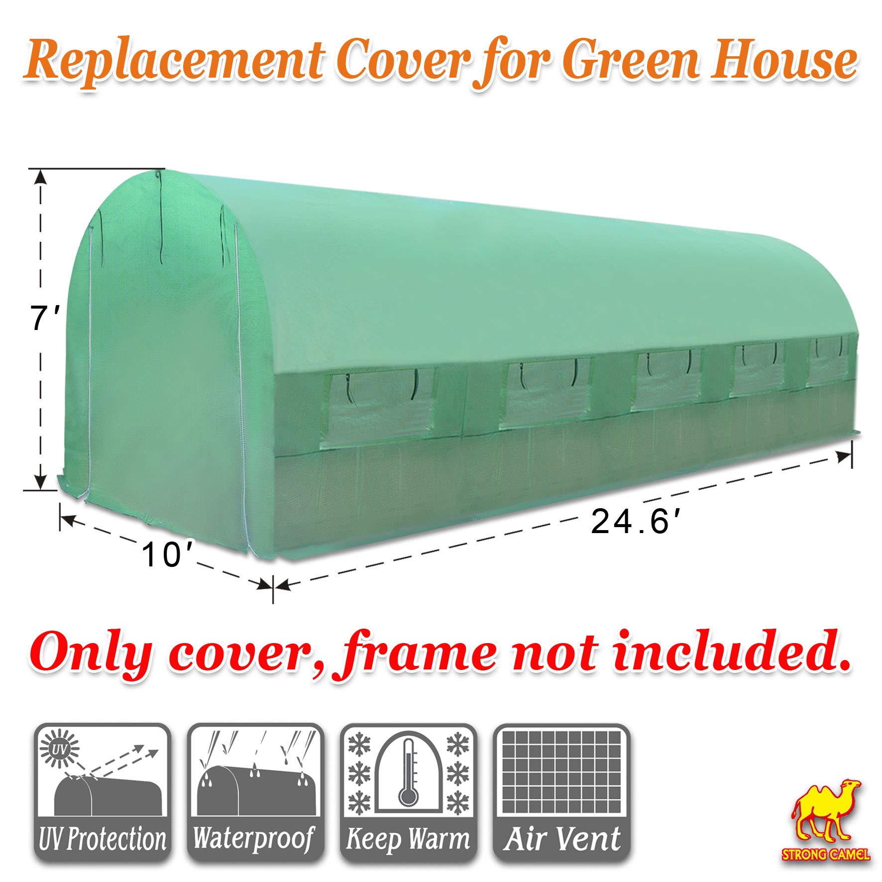 Heavy Duty Camel Greenhouse Replacement Cover - 24.6'x10'x7' Walk-in Outdoor Plant Gardening Greenhouse Cover (Frame Not Included) | Perfect for Protecting Vegetables, Flowers & Seedlings from Harsh Weather