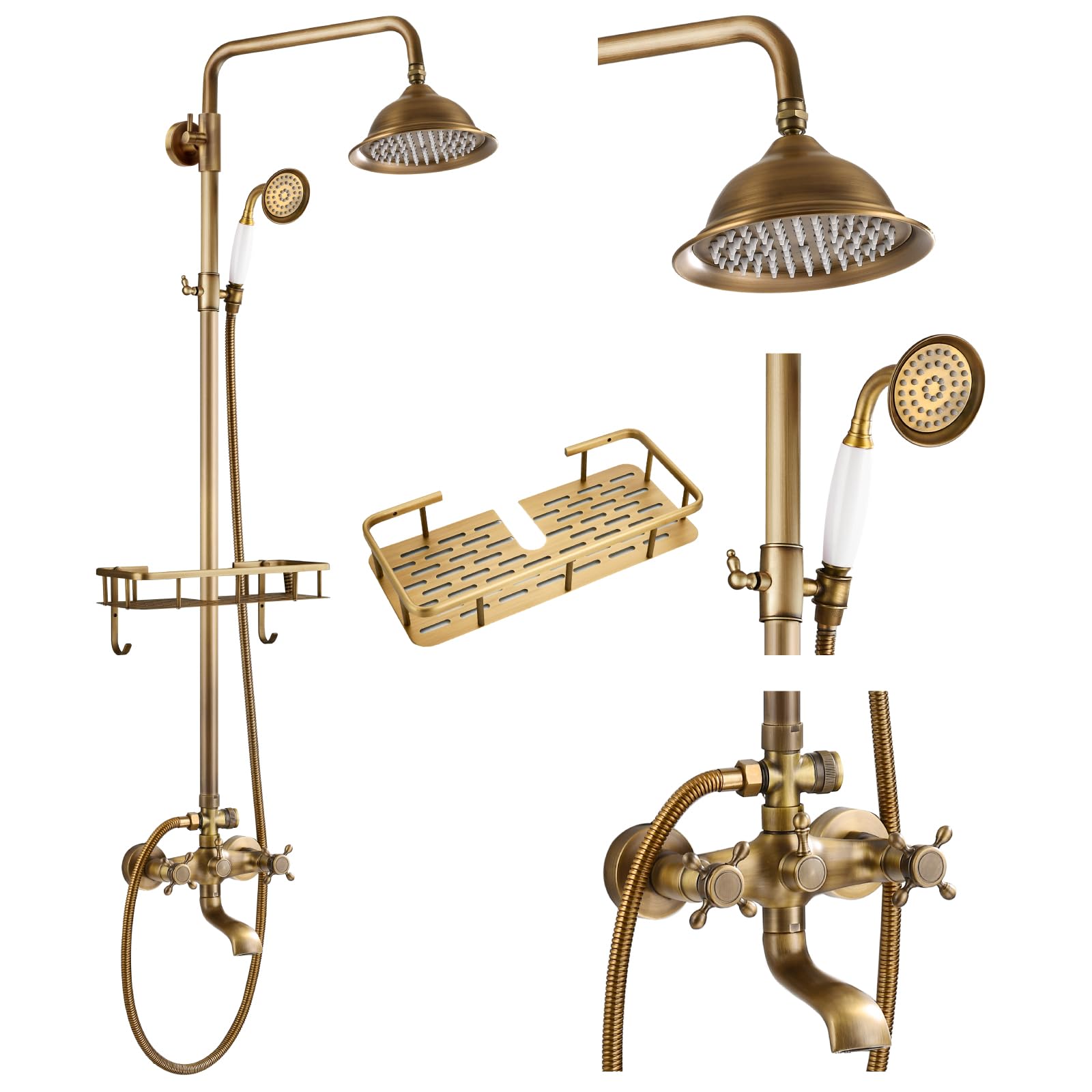 Gotonovo 8 Inch Rainfall Shower System - Exposed Bathroom Faucet with Tub Spout, Handheld Spray & Wall Mount Shelf - Antique Brass Finish for Indoor/Outdoor Use - Perfect for Patio, Poolside & Luxury Bathroom Upgrades