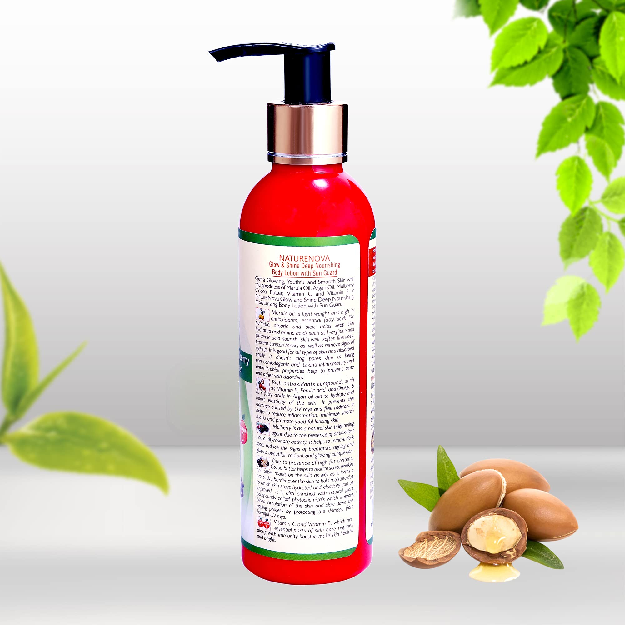 NATURENOVA HERBALS Glow & Shine Deep Nourishing Body Lotion with SPF & Marula Oil | Enriched with Argan Oil, Mulberry, Cocoa Butter, Vitamin C & E | UV-B Protection, Anti-Aging, Stretch Mark Prevention | Hydrates & Softens Skin for Youthful Glow | Paraben-Free 200ml | Perfect for Daily Moisturizing, Sun Protection & Anti-Aging Skincare Routine