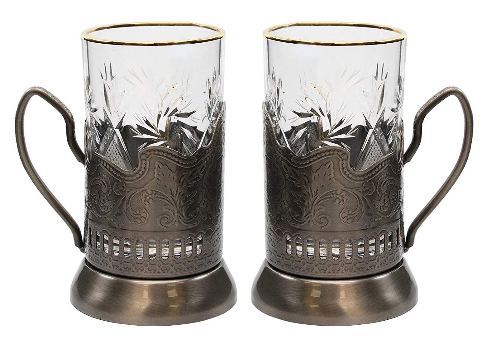 Vintage Crystal Gold Rim Tea Glasses Set of 2 - 8oz Elegant Beverage Glasses with Podstakannik (2 Sets) - Perfect for Afternoon Tea, Russian Tea Ceremonies & Sophisticated Entertaining
