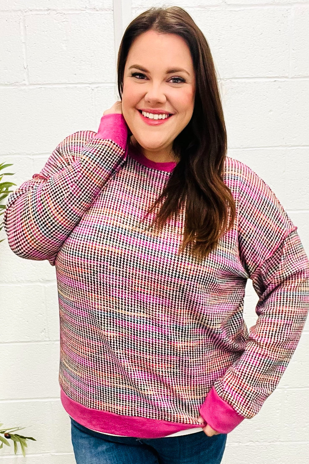 Joyful Magenta Multicolor Textured Waffle Knit Sweater for Women - Cozy Winter Pullover for Casual Outings & Holiday Gatherings