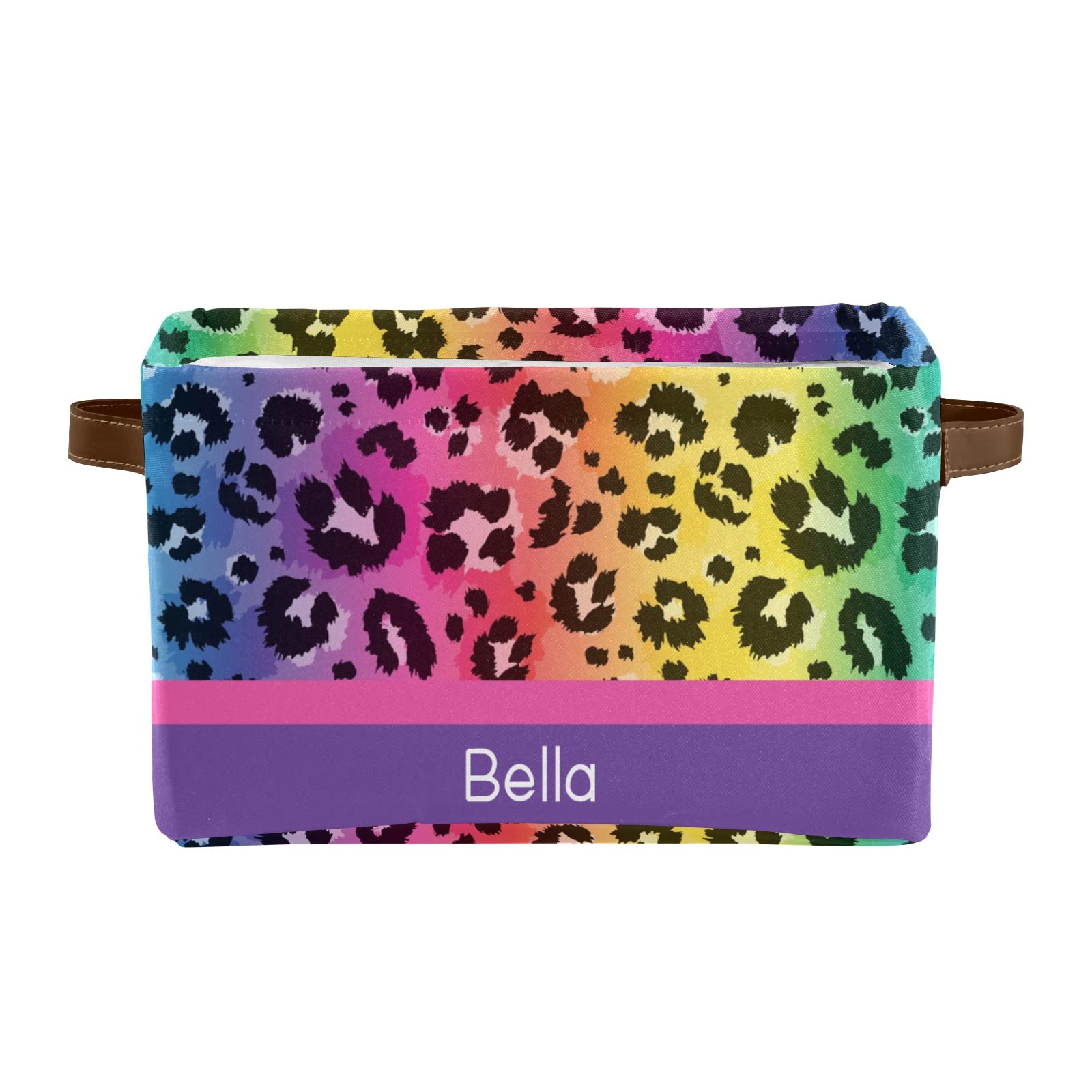 Personalized Rainbow Leopard Print Storage Baskets with Custom Name - 4 Pack Rectangular Home & Kitchen Organization Bins for Toys, Blankets, Laundry, and Closet Storage