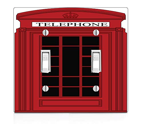 Vintage British Phone Box Design Double Light Switch Plate Cover - Retro Red Telephone Booth Artwork for Home & Office Decor