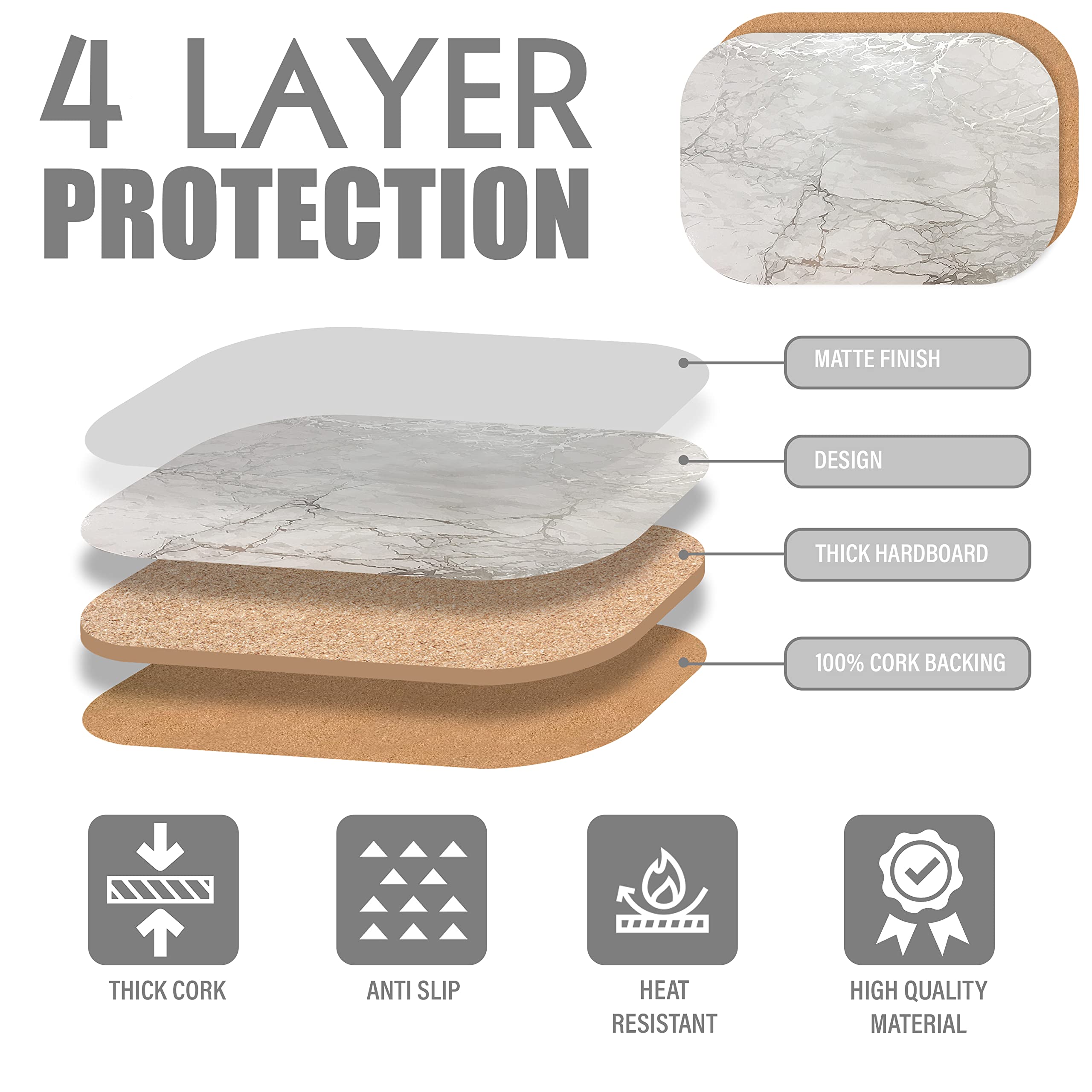 Elegant Silver Marble Cork Placemats Set of 2 - Heat Resistant, Non-Slip, Easy Clean Round & Rectangle Dining Placemats 12