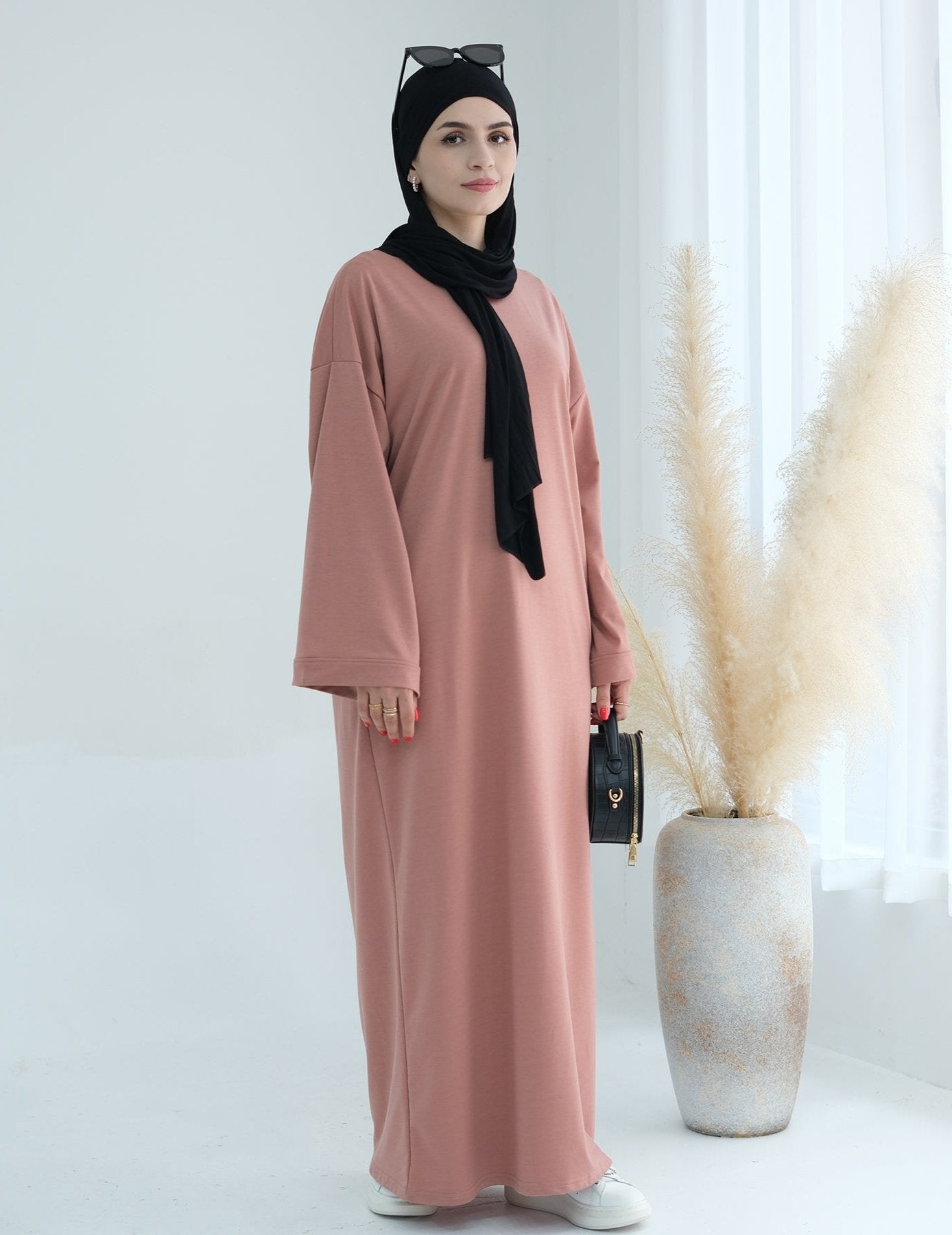 Ava Knit Maxi Dress for Women - Flowy Long Sleeve Elegant Midi Dress in Salmon Pink | Perfect for Weddings, Parties & Casual Outings