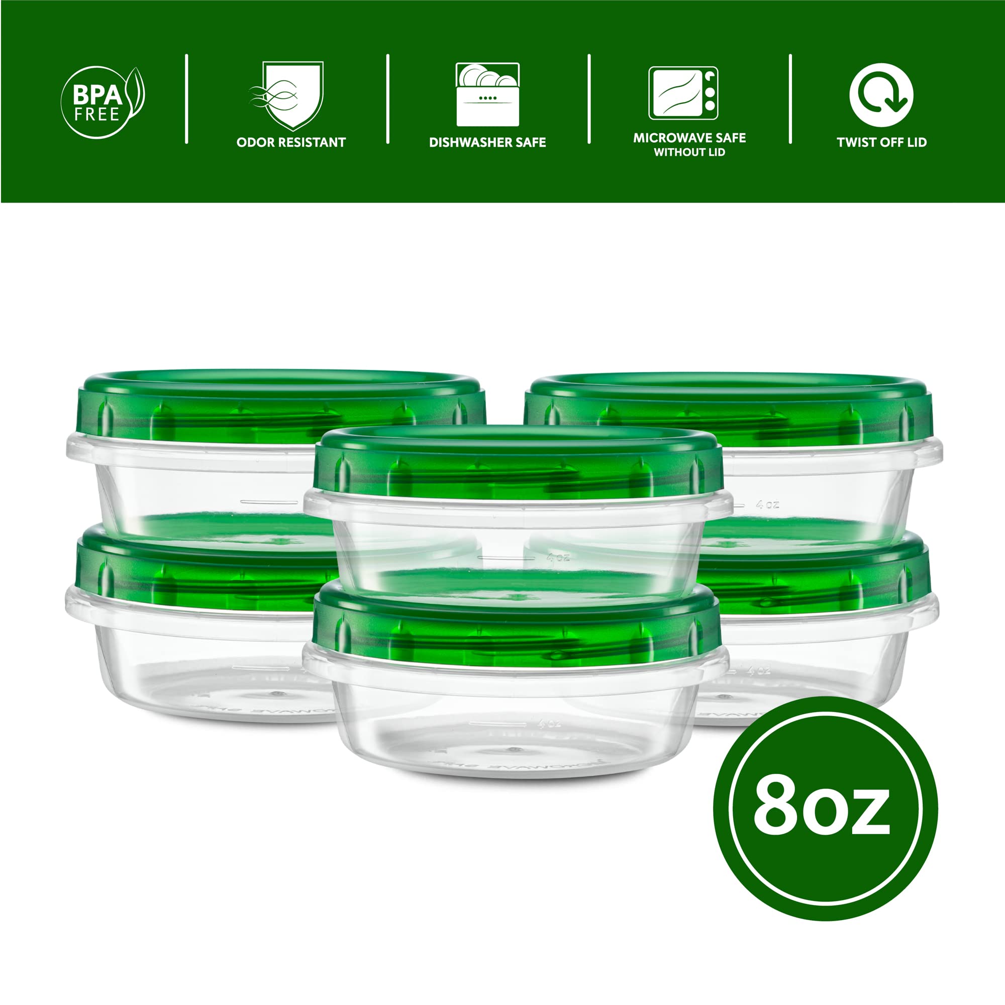 8 Ounce (10 Pack) Clear Bottom Green Top Twist Cap Food Storage Containers with Screw-On Lids - Perfect for Freezer, Meal Prep & Leftovers